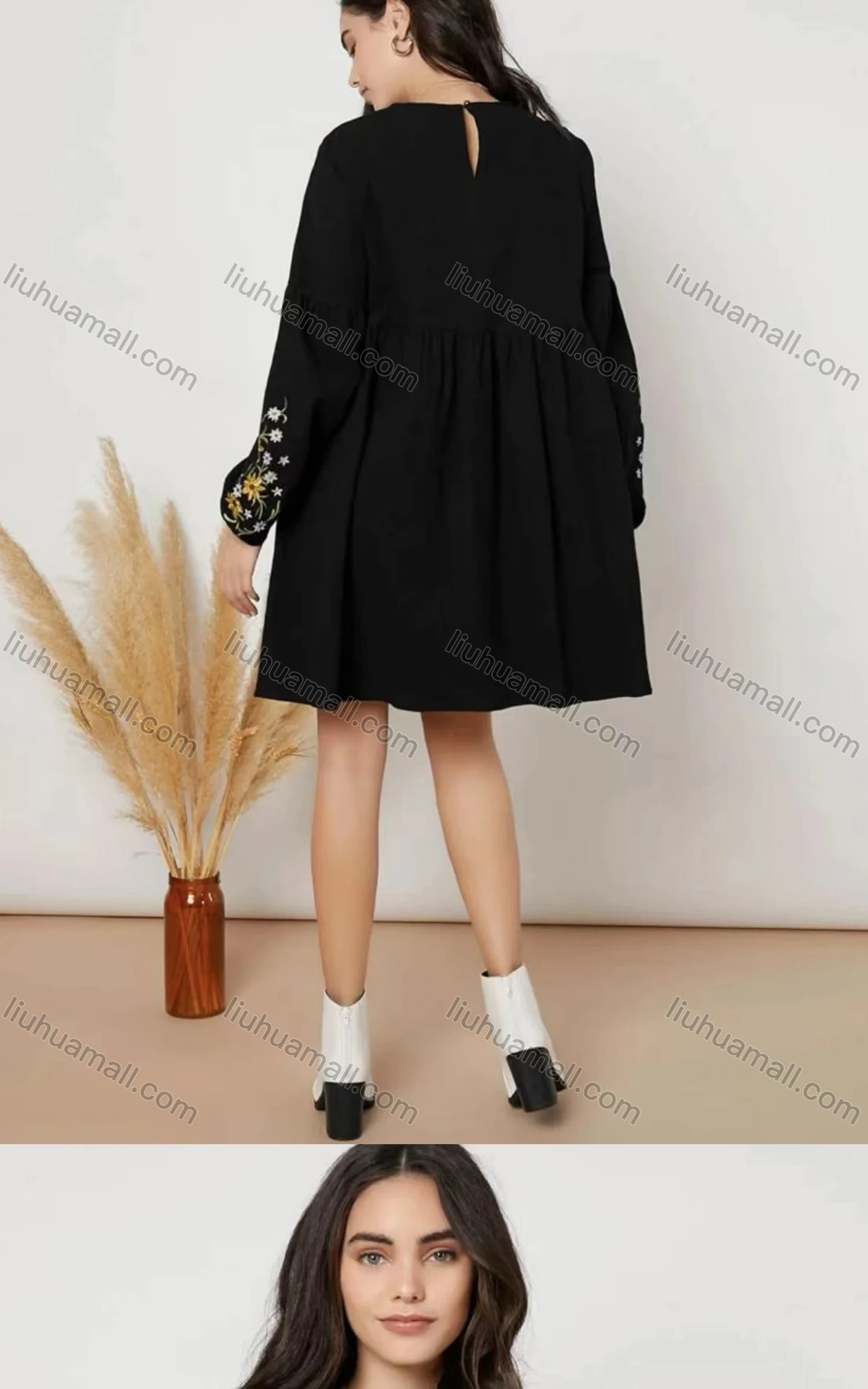 Wholesale Women's Round Neck Long Sleeve Embroidered Floral Keyhole Back Maternity Short Dress A1309-8097# - Liuhuamall