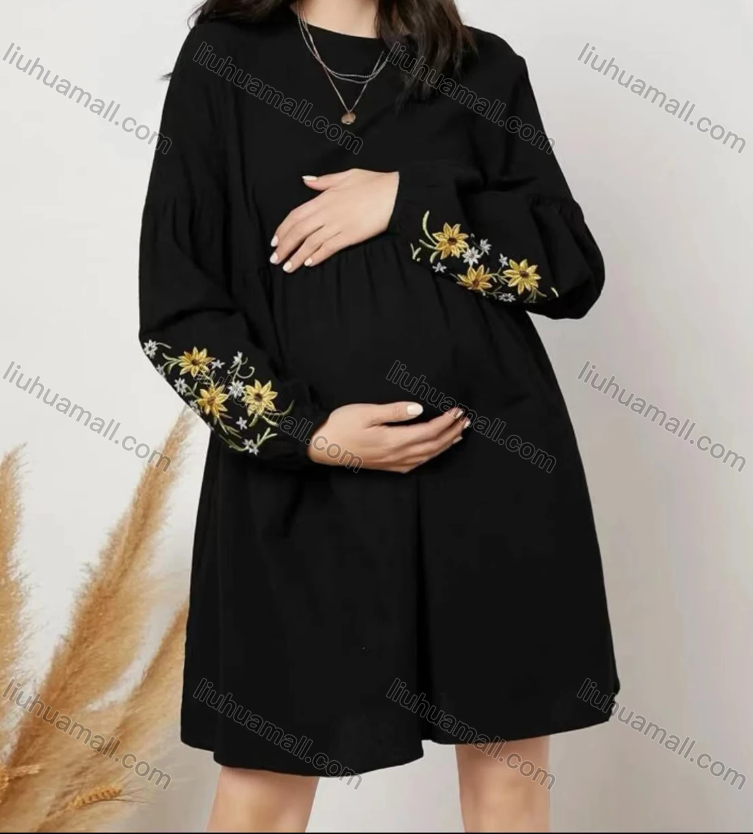 Wholesale Women's Round Neck Long Sleeve Embroidered Floral Keyhole Back Maternity Short Dress A1309-8097# - Liuhuamall
