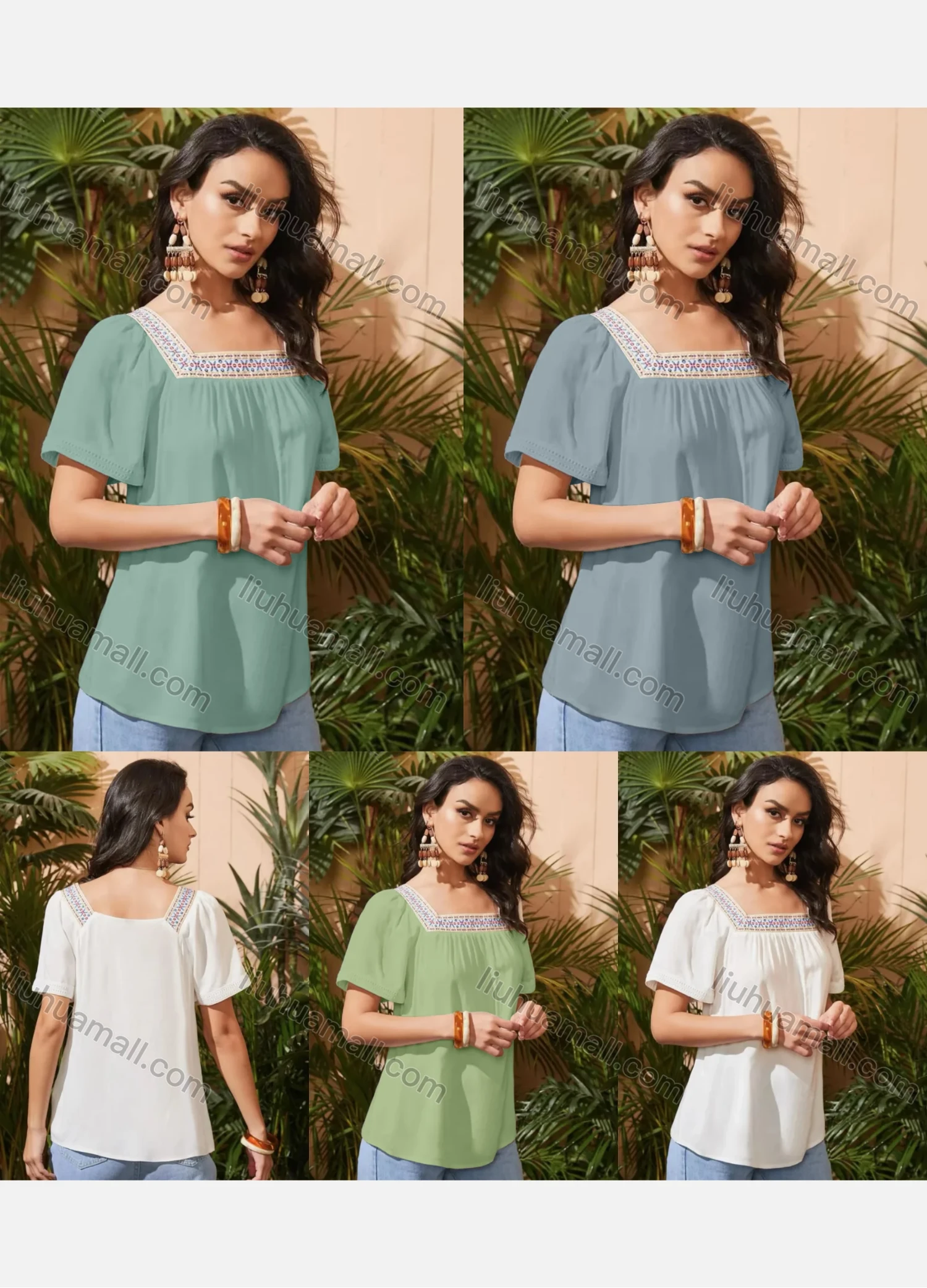 Wholesale Women's Square Neck Short Sleeve Open Back Embroidered Trim Blouse - Liuhuamall