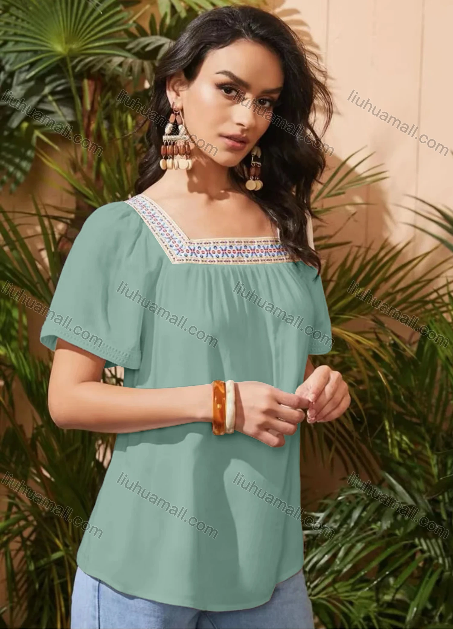 Wholesale Women's Square Neck Short Sleeve Open Back Embroidered Trim Blouse - Liuhuamall