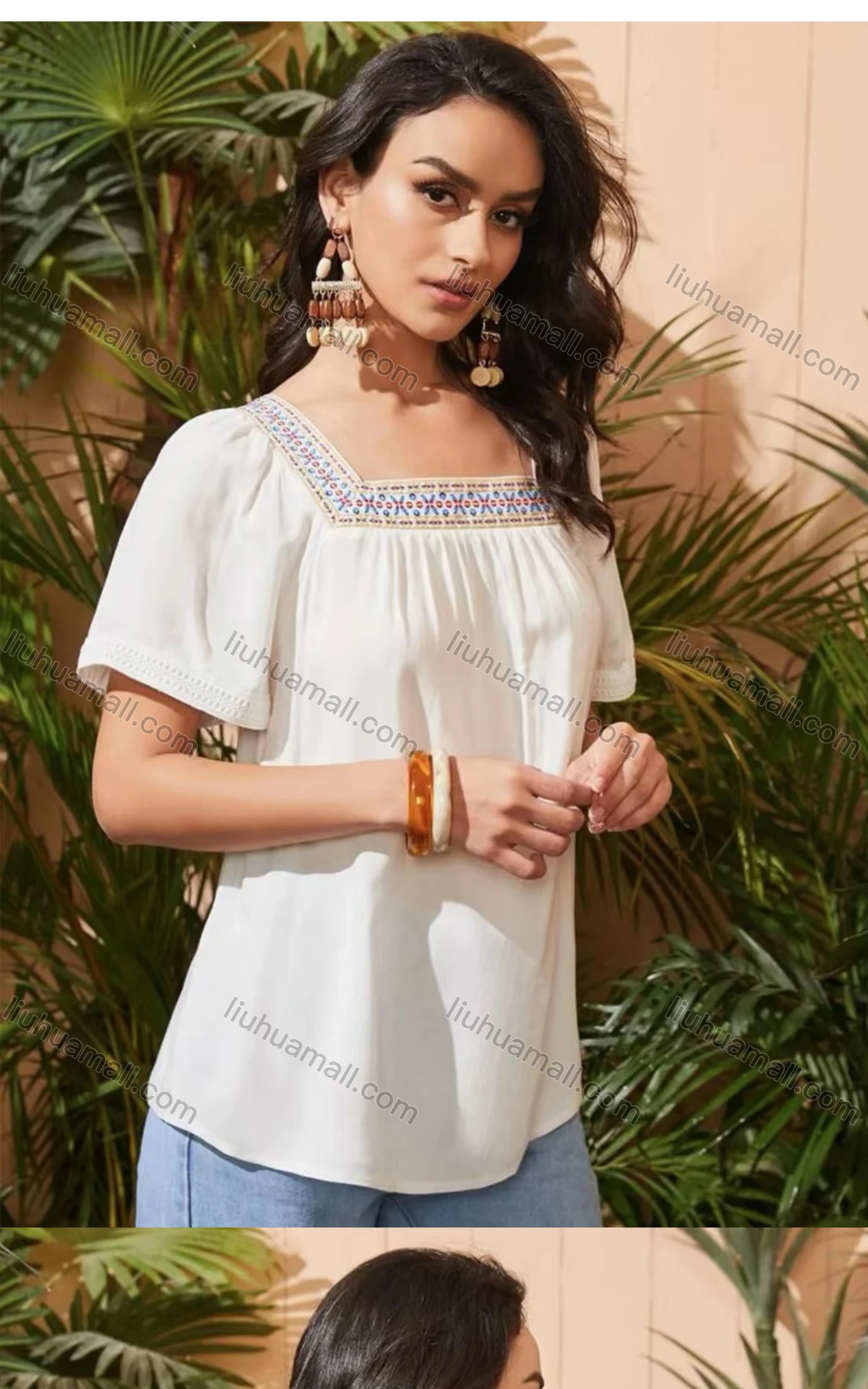 Wholesale Women's Square Neck Short Sleeve Open Back Embroidered Trim Blouse - Liuhuamall