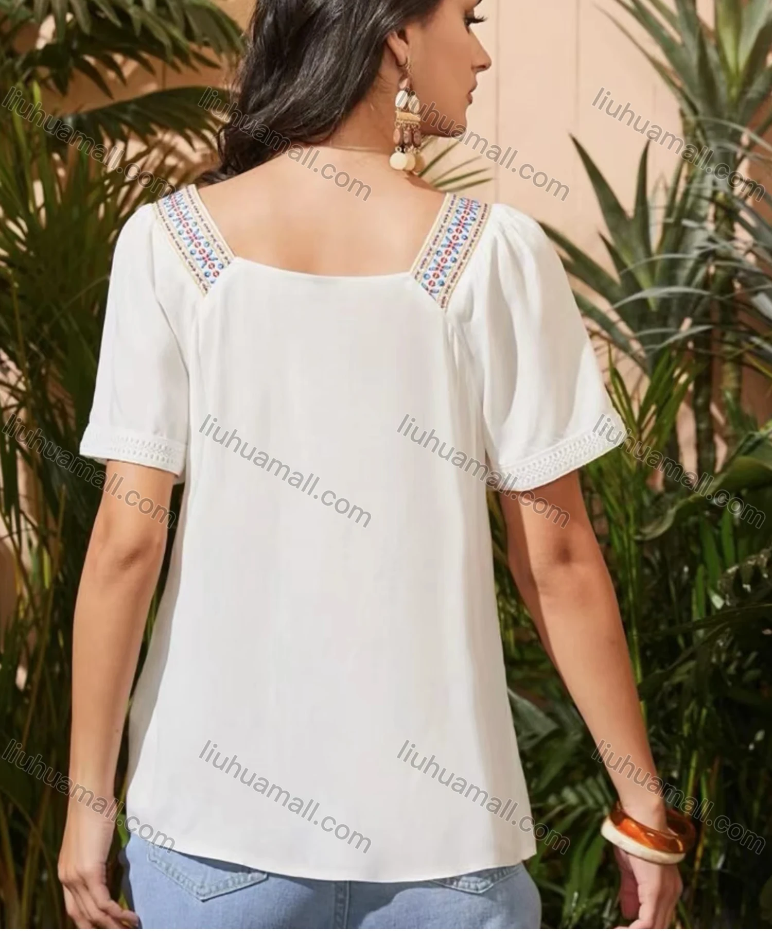Wholesale Women's Square Neck Short Sleeve Open Back Embroidered Trim Blouse - Liuhuamall