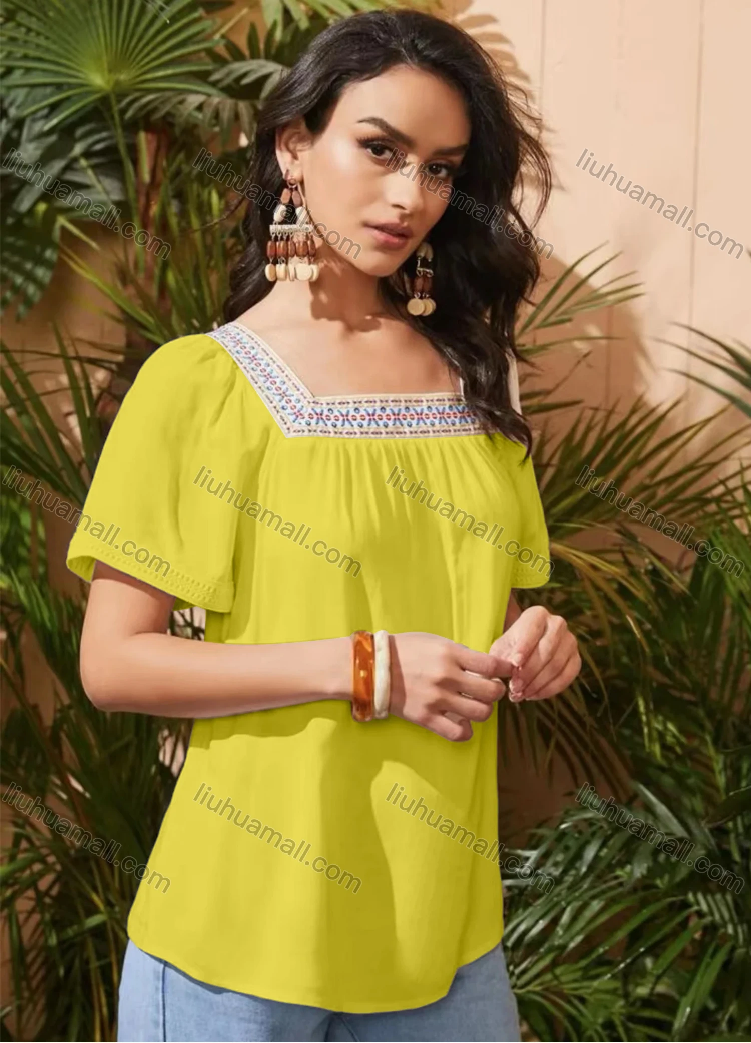 Wholesale Women's Square Neck Short Sleeve Open Back Embroidered Trim Blouse - Liuhuamall