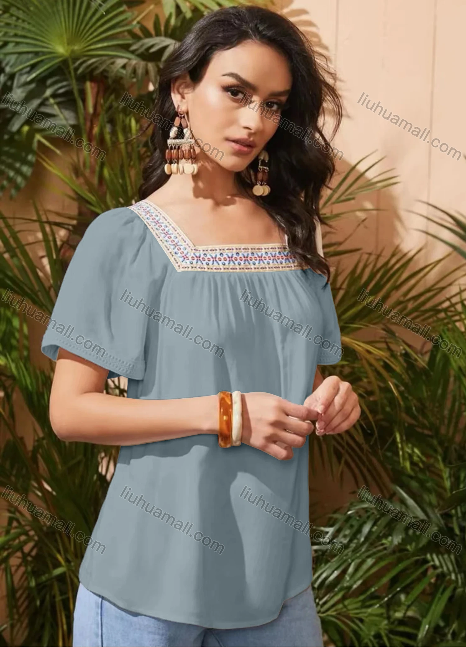 Wholesale Women's Square Neck Short Sleeve Open Back Embroidered Trim Blouse - Liuhuamall