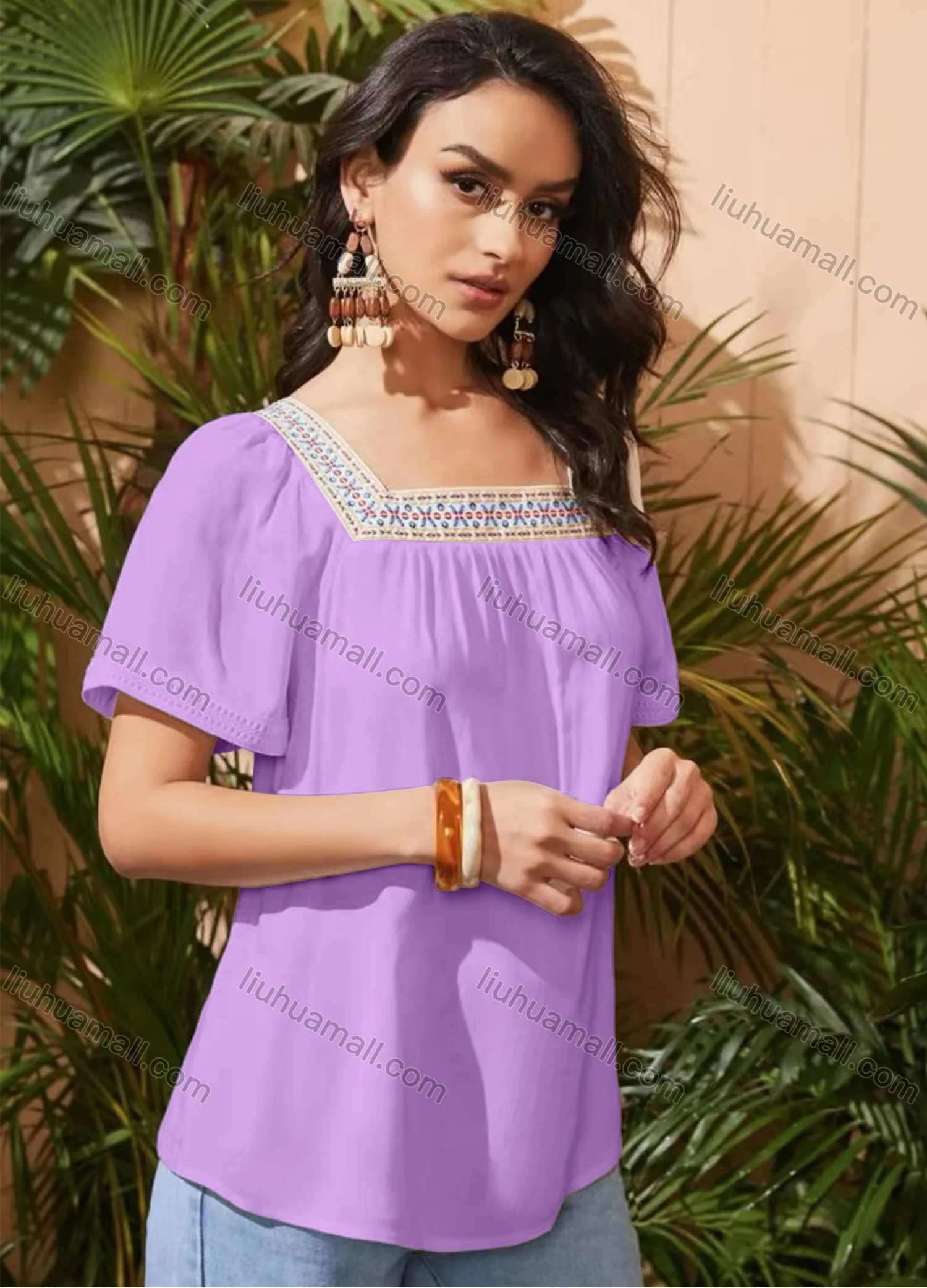 Wholesale Women's Square Neck Short Sleeve Open Back Embroidered Trim Blouse - Liuhuamall