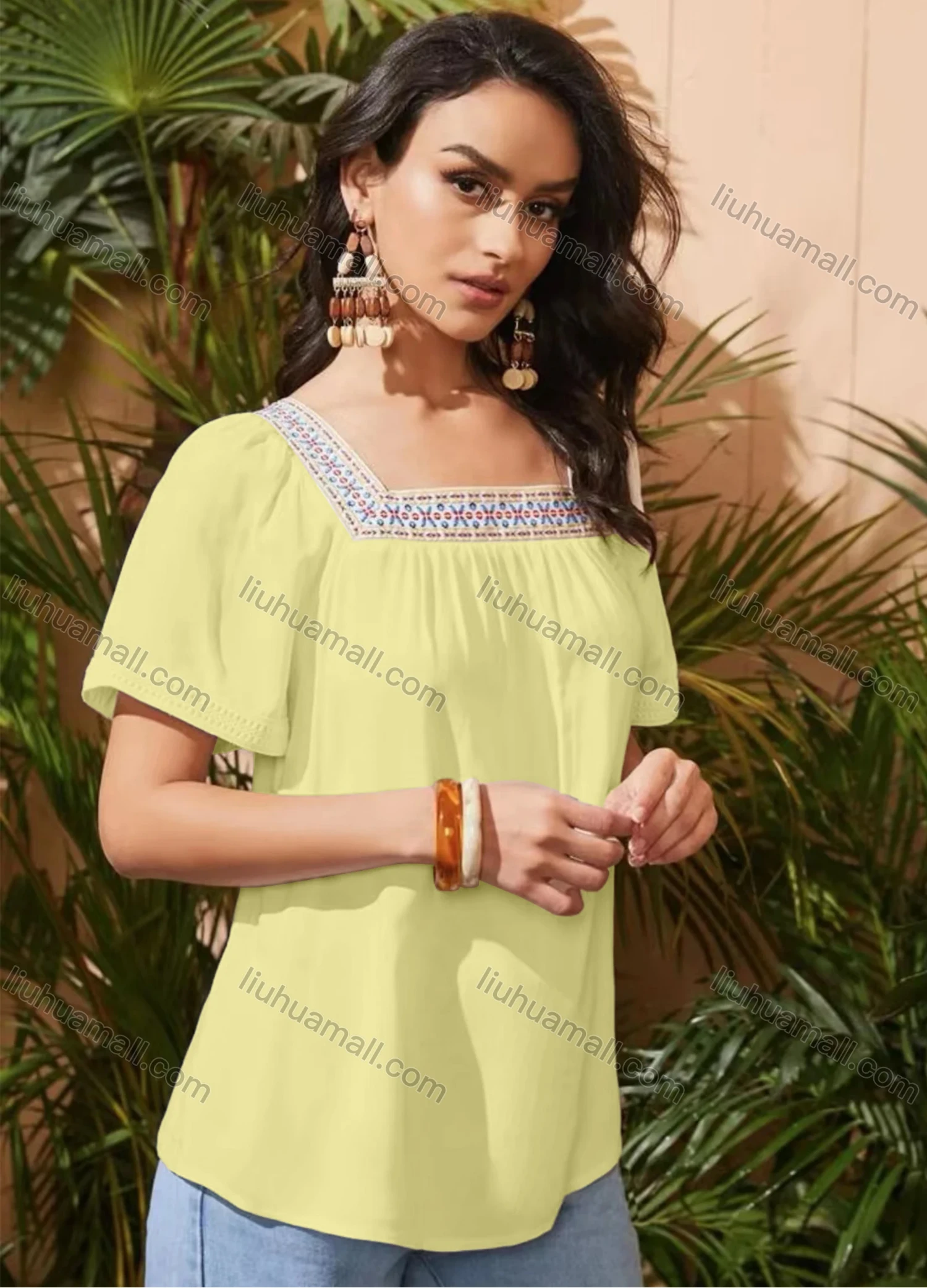 Wholesale Women's Square Neck Short Sleeve Open Back Embroidered Trim Blouse - Liuhuamall