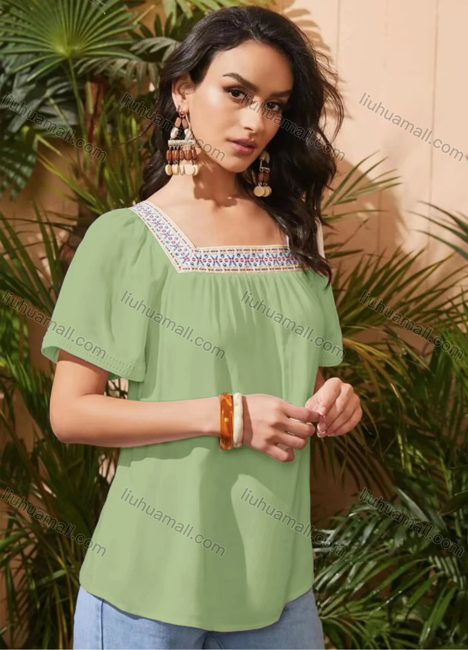 Wholesale Women's Square Neck Short Sleeve Open Back Embroidered Trim Blouse - Liuhuamall