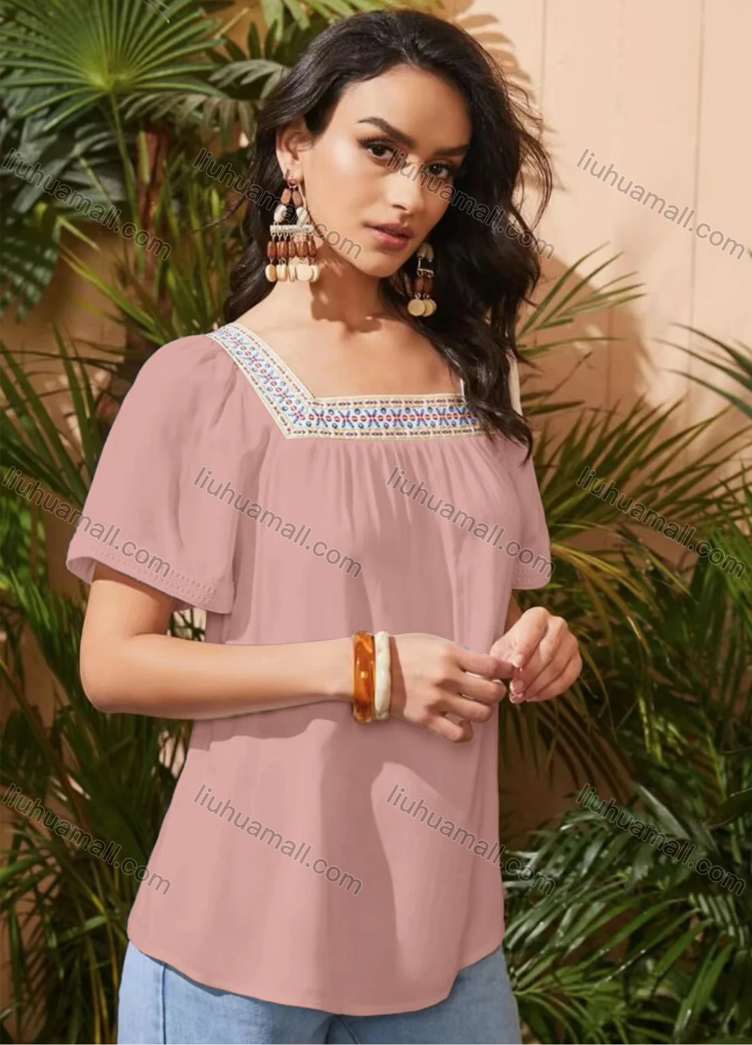 Wholesale Women's Square Neck Short Sleeve Open Back Embroidered Trim Blouse - Liuhuamall