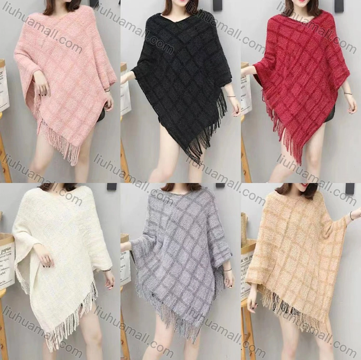 Wholesale Women's Casual V Neck Plaid Scarf Hem Knit Cape D1820# - Liuhuamall
