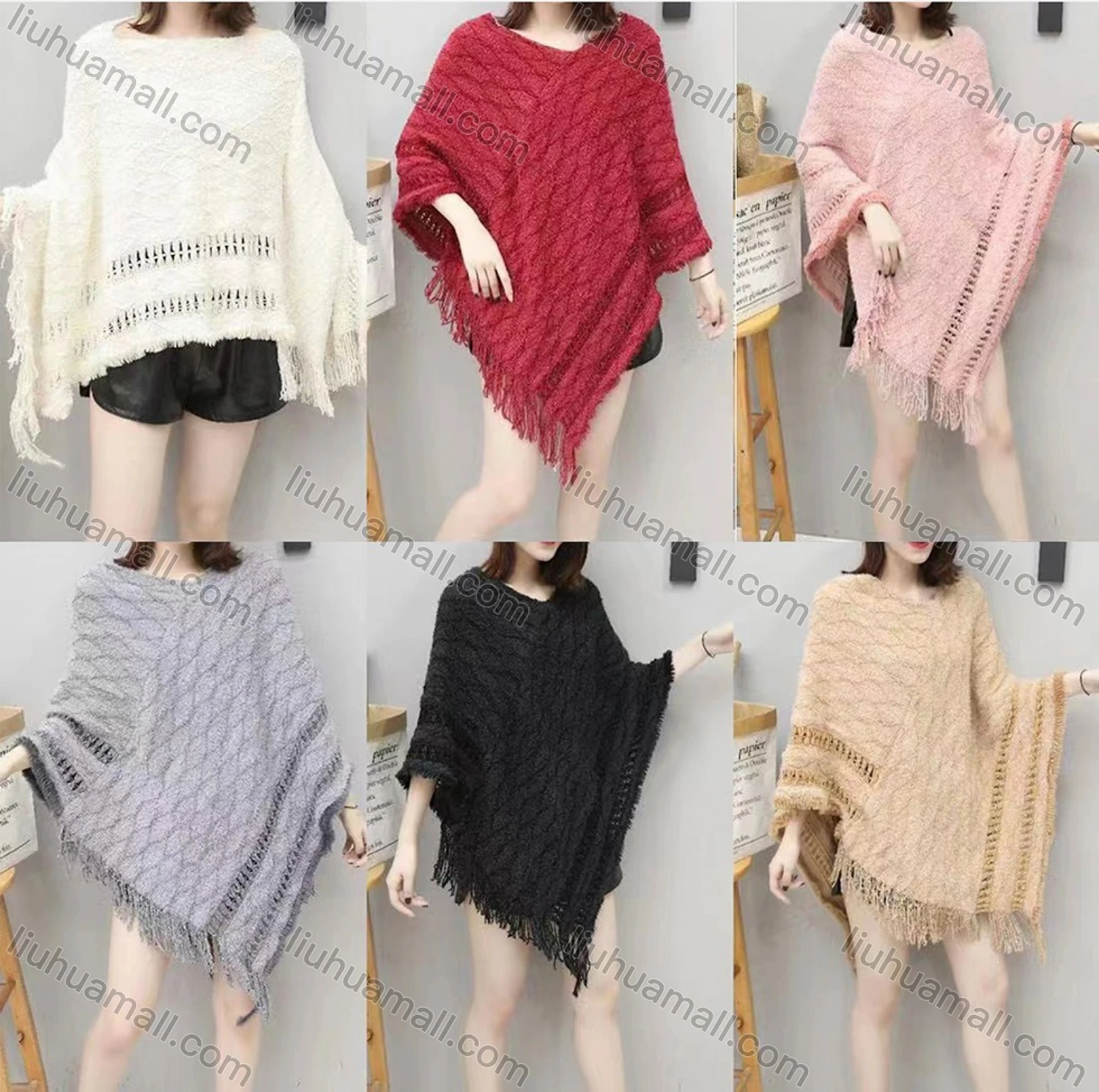 Wholesale Women's Casual Bateau Neck Rhombus Texure Tassel Trim Knit Cape D1821# - Liuhuamall