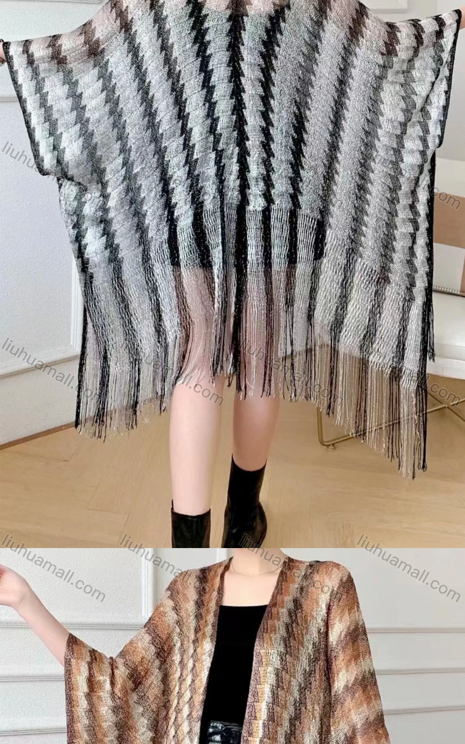 Wholesale Women's Casual Striped Mesh Tassel Trim Hem Scarf Shawl - Liuhuamall