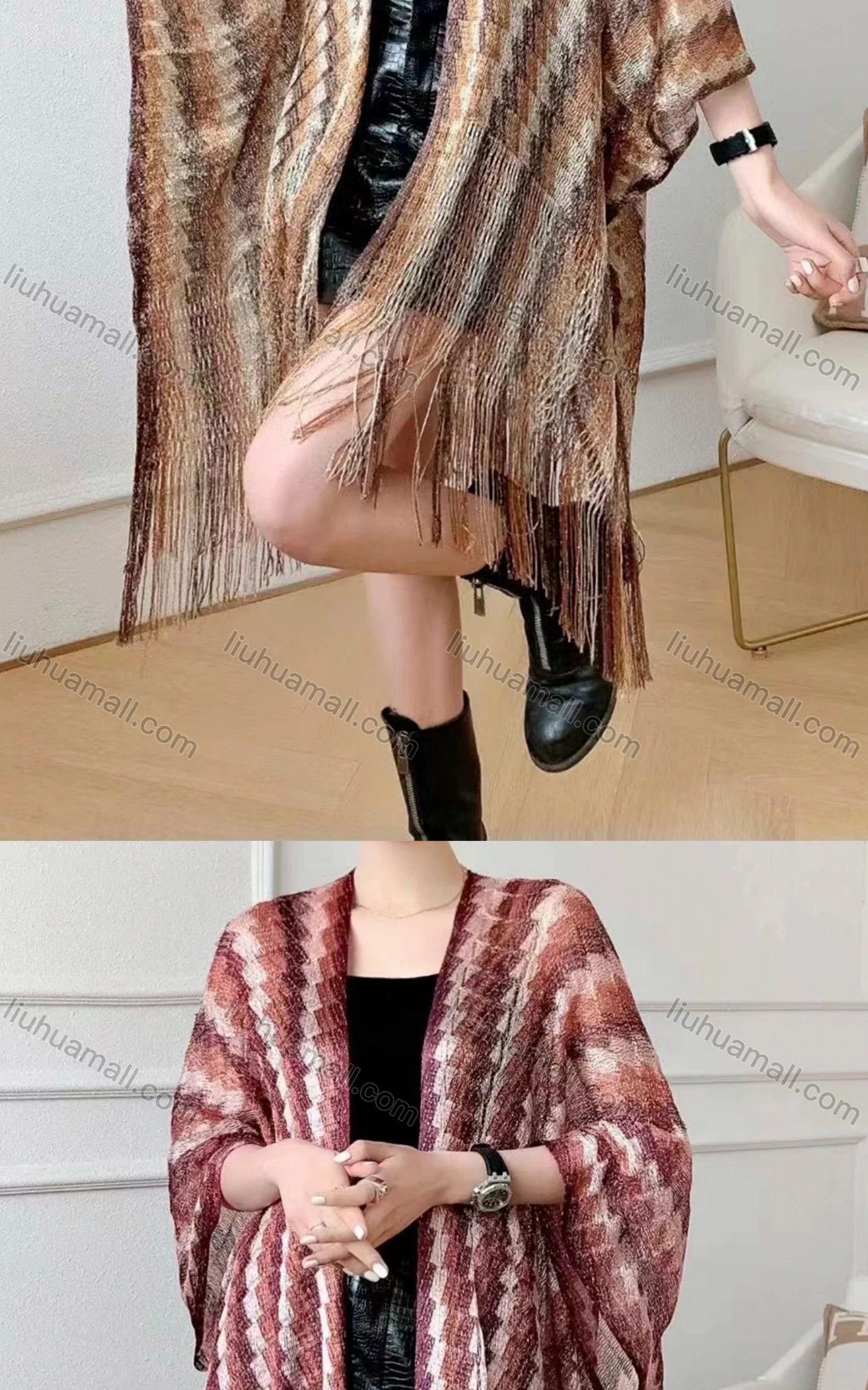 Wholesale Women's Casual Striped Mesh Tassel Trim Hem Scarf Shawl - Liuhuamall