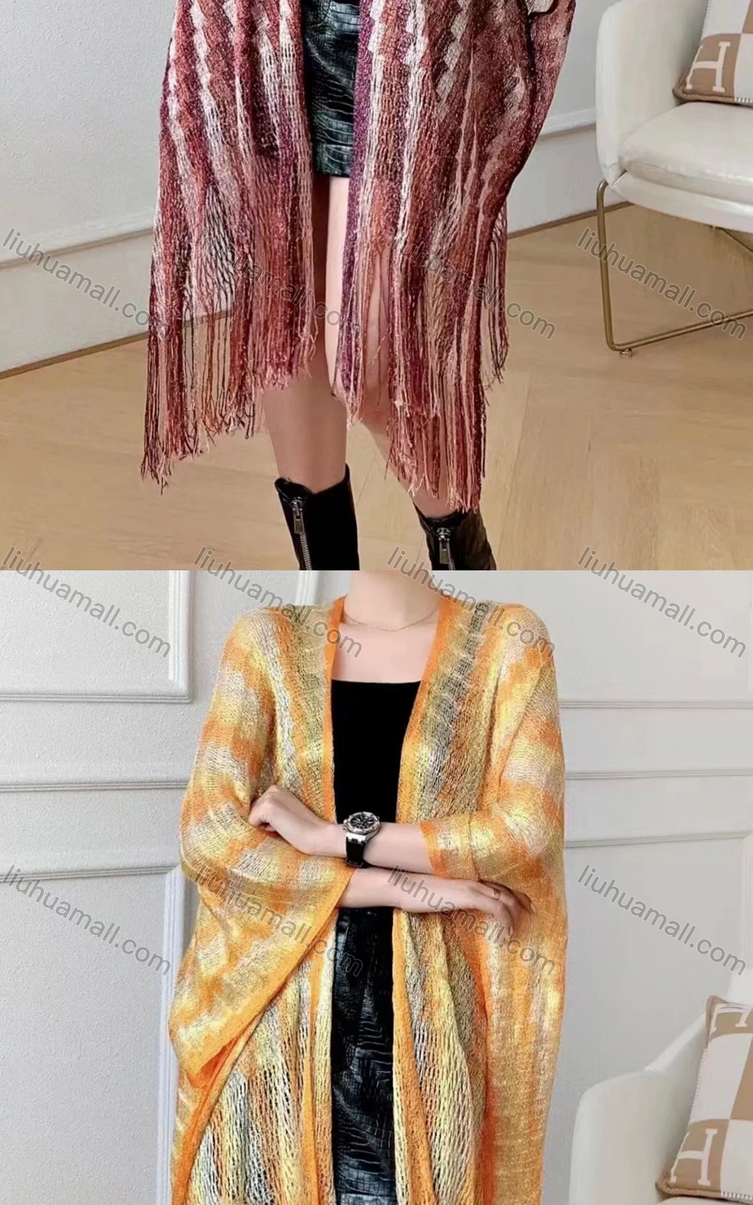 Wholesale Women's Casual Striped Mesh Tassel Trim Hem Scarf Shawl - Liuhuamall