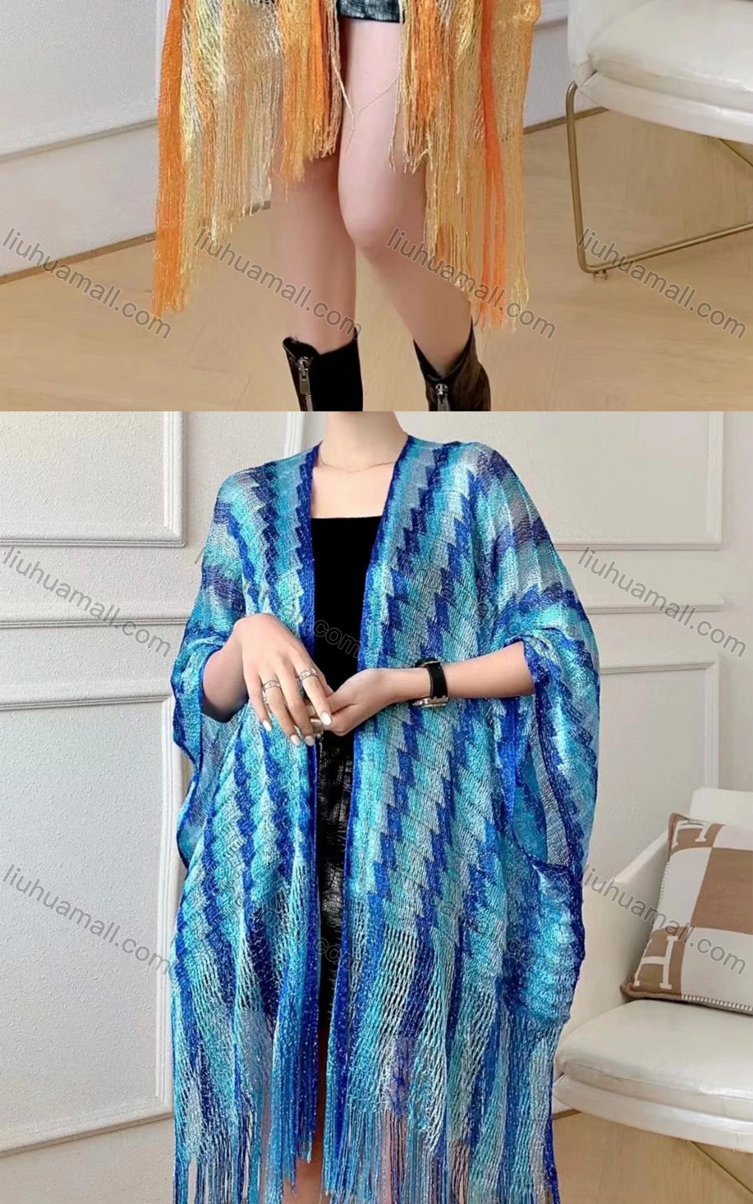 Wholesale Women's Casual Striped Mesh Tassel Trim Hem Scarf Shawl - Liuhuamall