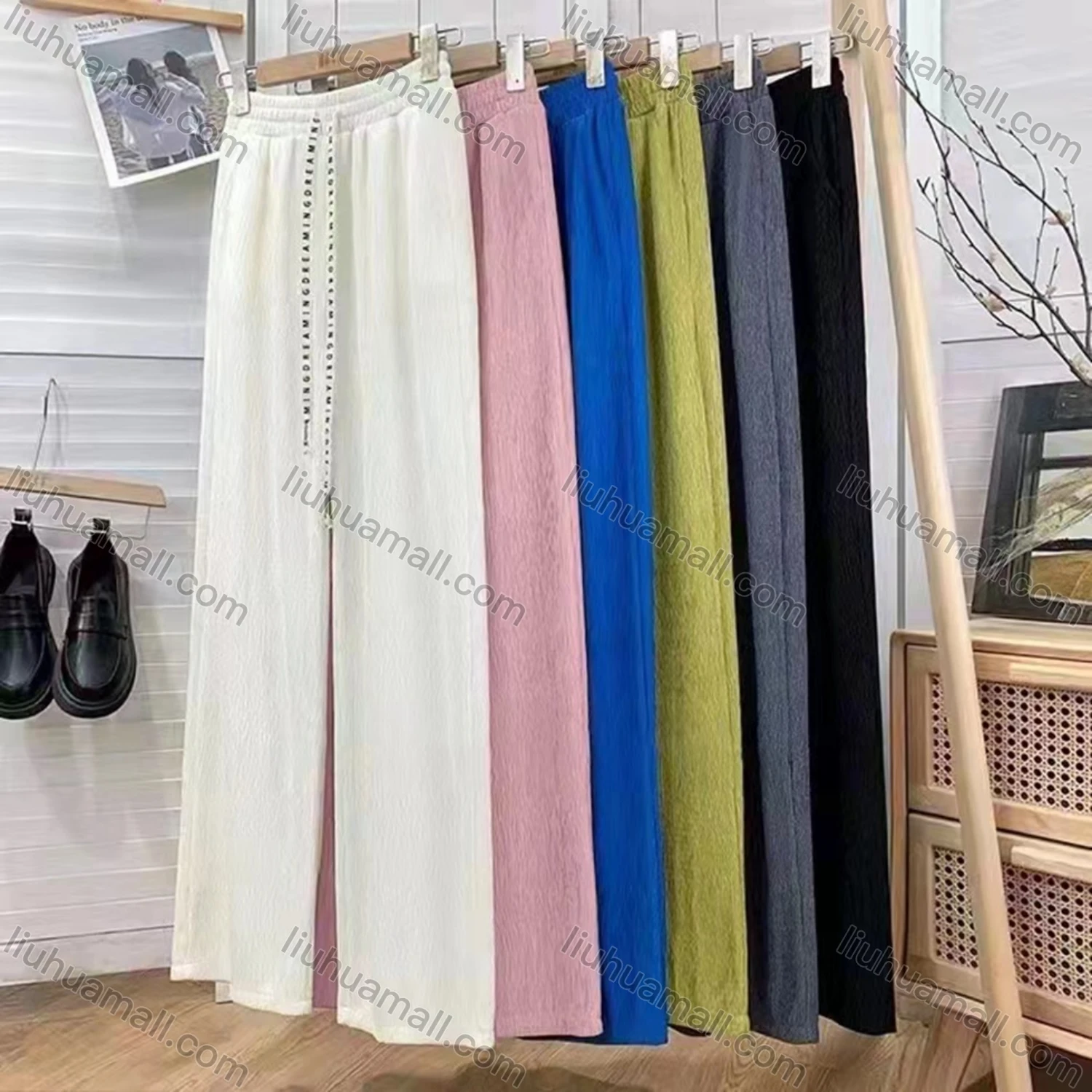 Wholesale Women's Drawstring Plain Wide Leg Pants - Liuhuamall