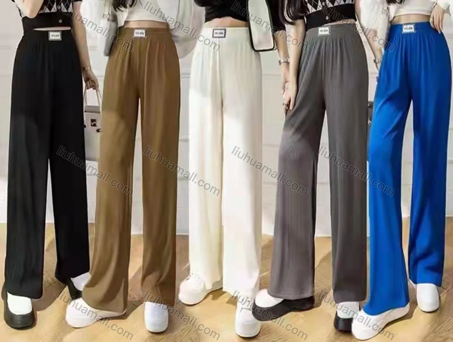 Wholesale Women's Casual Elastic Waist Letter Label Plain Wide Leg Pants - Liuhuamall