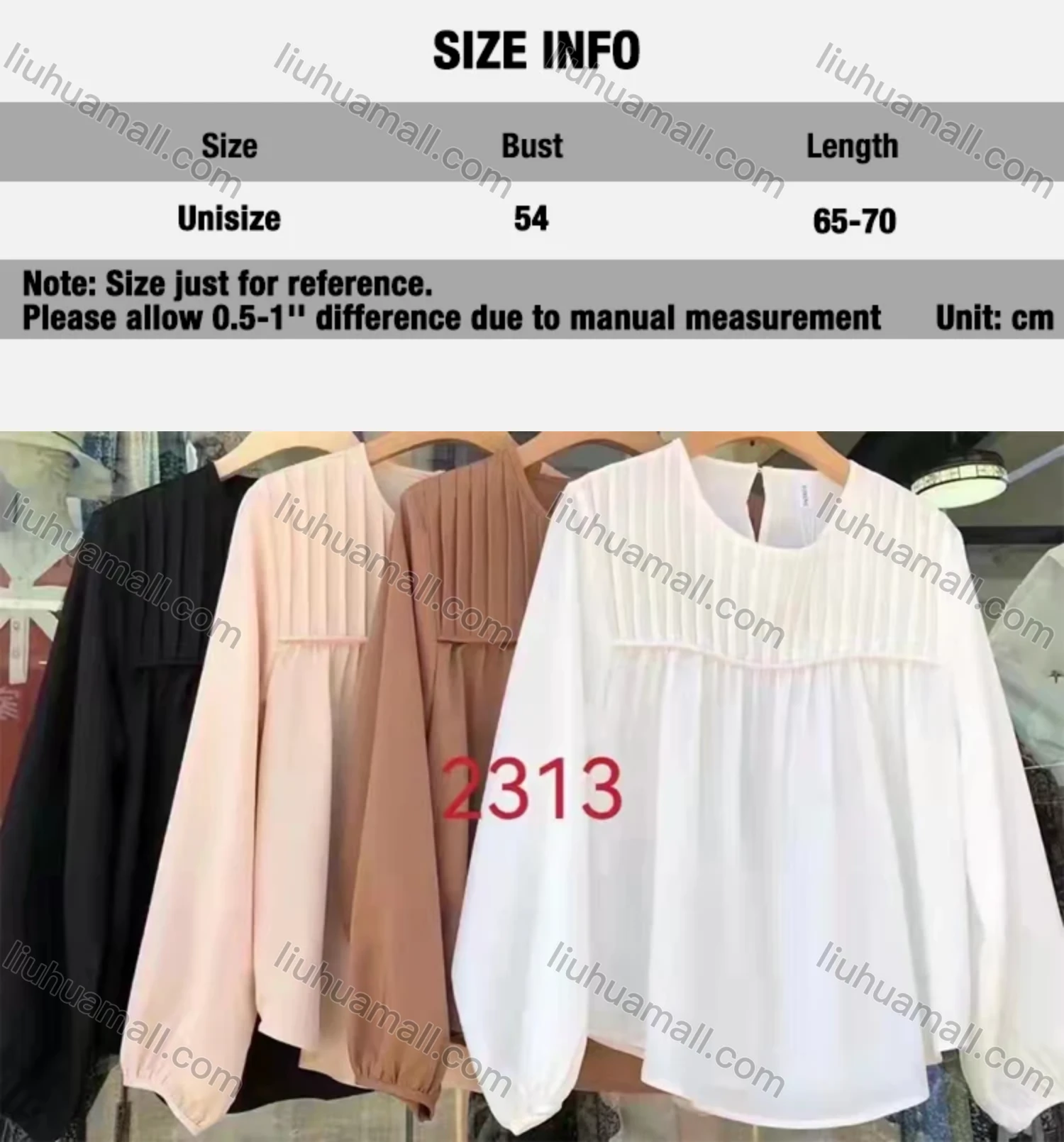 Wholesale Women's Round Neck Long Sleeve Top Pleated Lantern Sleeve Plain Blouse 2313# - Liuhuamall