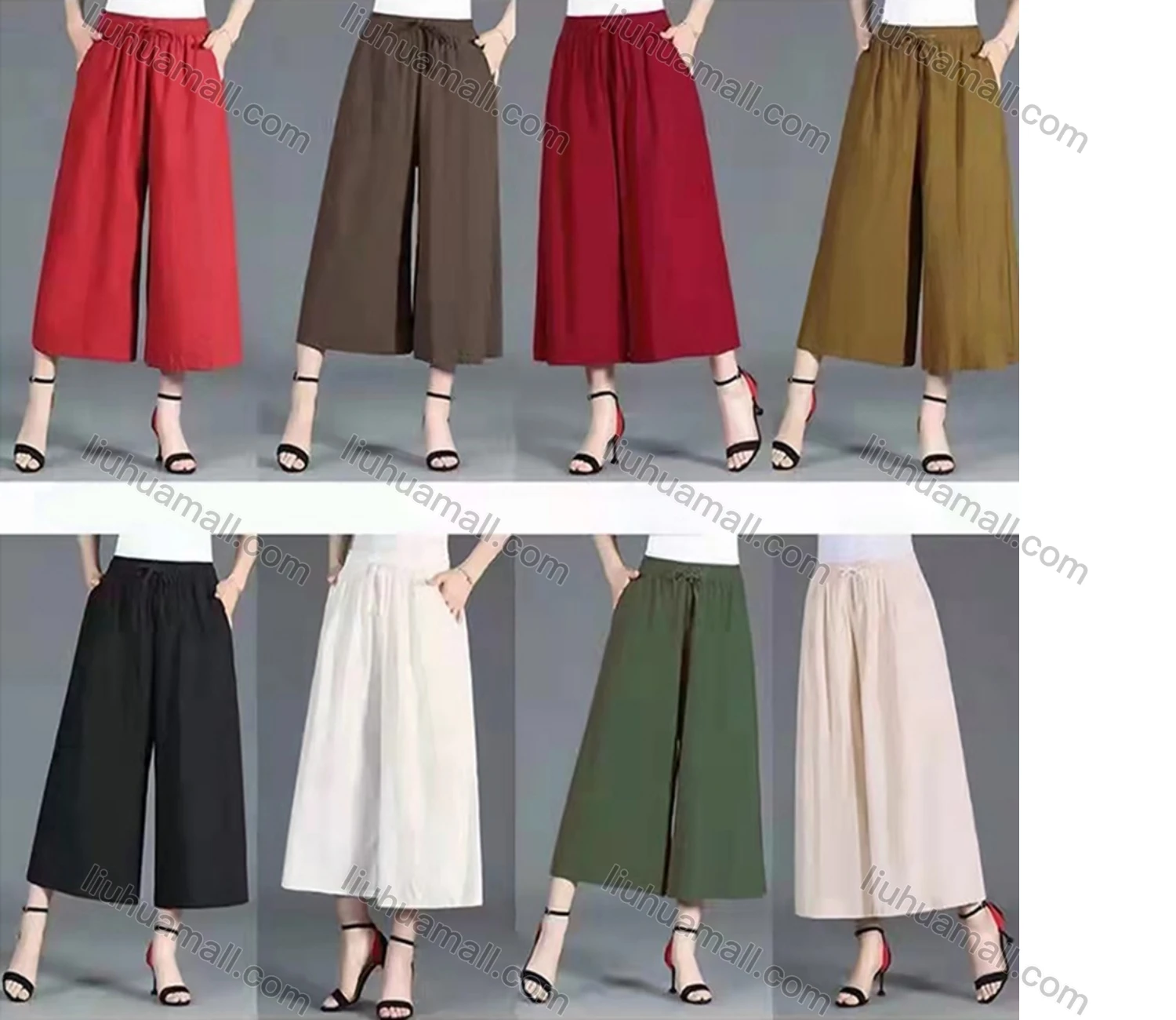 Wholesale Women's Casual Drawstring Plain Cropped Wide Leg Pants - Liuhuamall