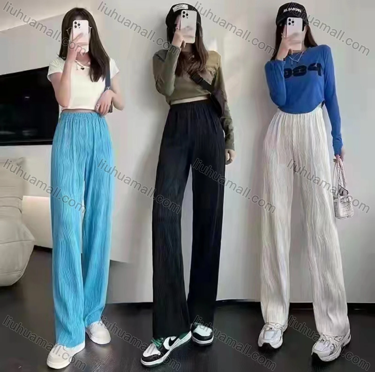 Wholesale Women's Casual Elastic Waist Texure Plain Wide Leg Pants - Liuhuamall