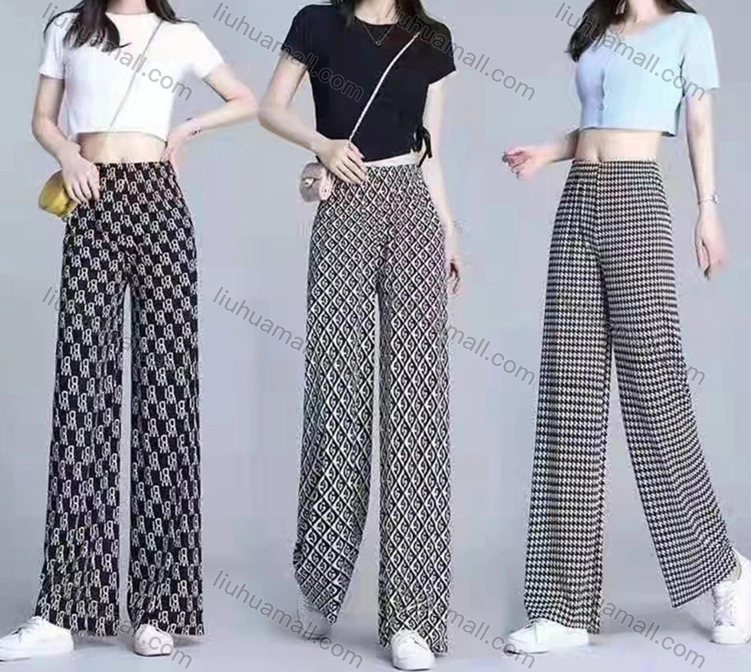 Wholesale Women's Casual High Waist Drawstring Allover Print Wide Leg Pants - Liuhuamall