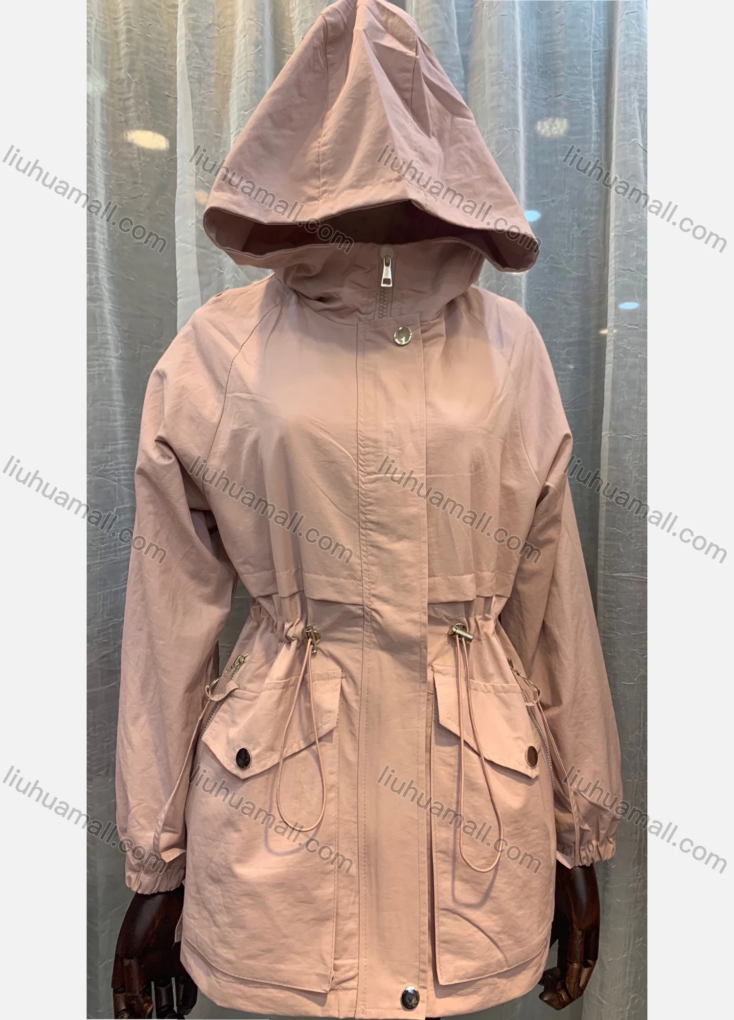 Wholesale Women's Casual Long Sleeve Double Flap Pockets Drawstring Waist Hooded Trench Coat - Liuhuamall