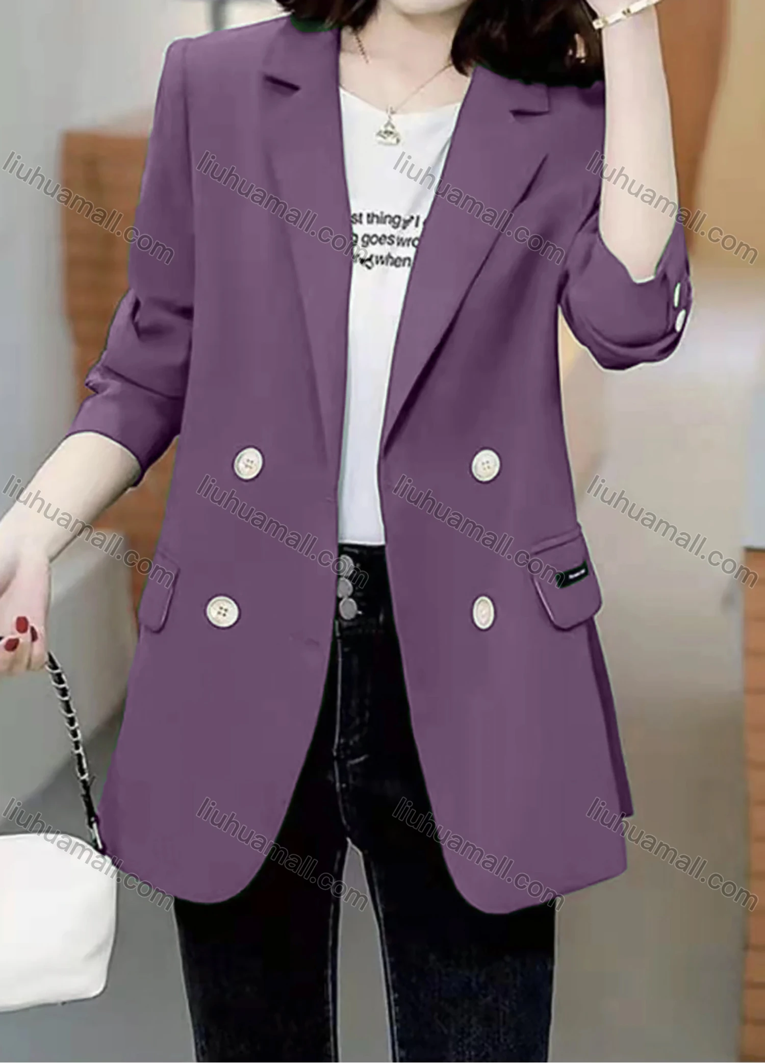 Wholesale Women's Casual Long Sleeve Lapel Double Breasted Plain Blazer - Liuhuamall