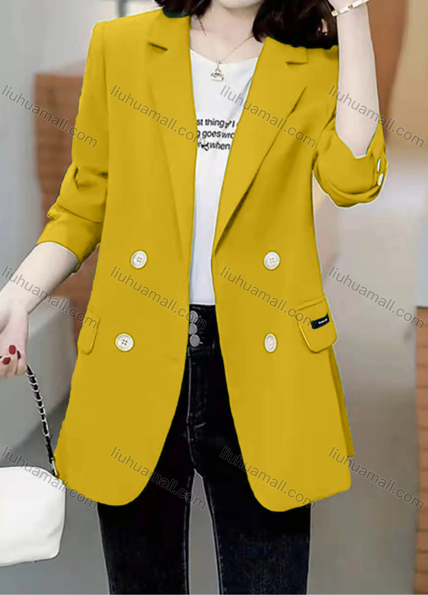 Wholesale Women's Casual Long Sleeve Lapel Double Breasted Plain Blazer - Liuhuamall