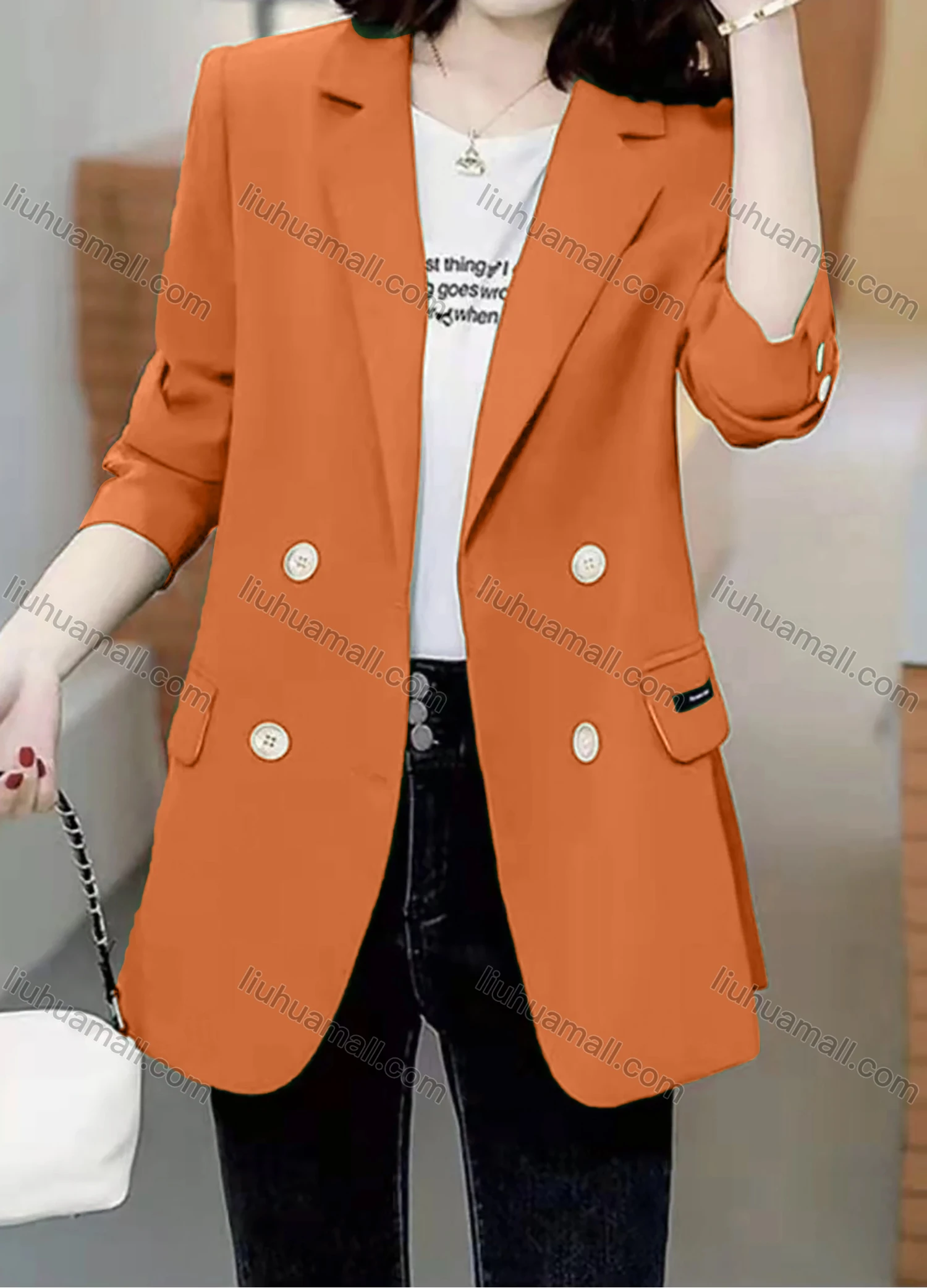 Wholesale Women's Casual Long Sleeve Lapel Double Breasted Plain Blazer - Liuhuamall