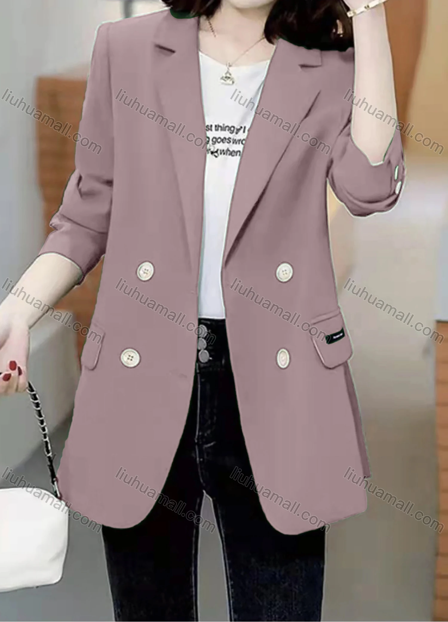 Wholesale Women's Casual Long Sleeve Lapel Double Breasted Plain Blazer - Liuhuamall