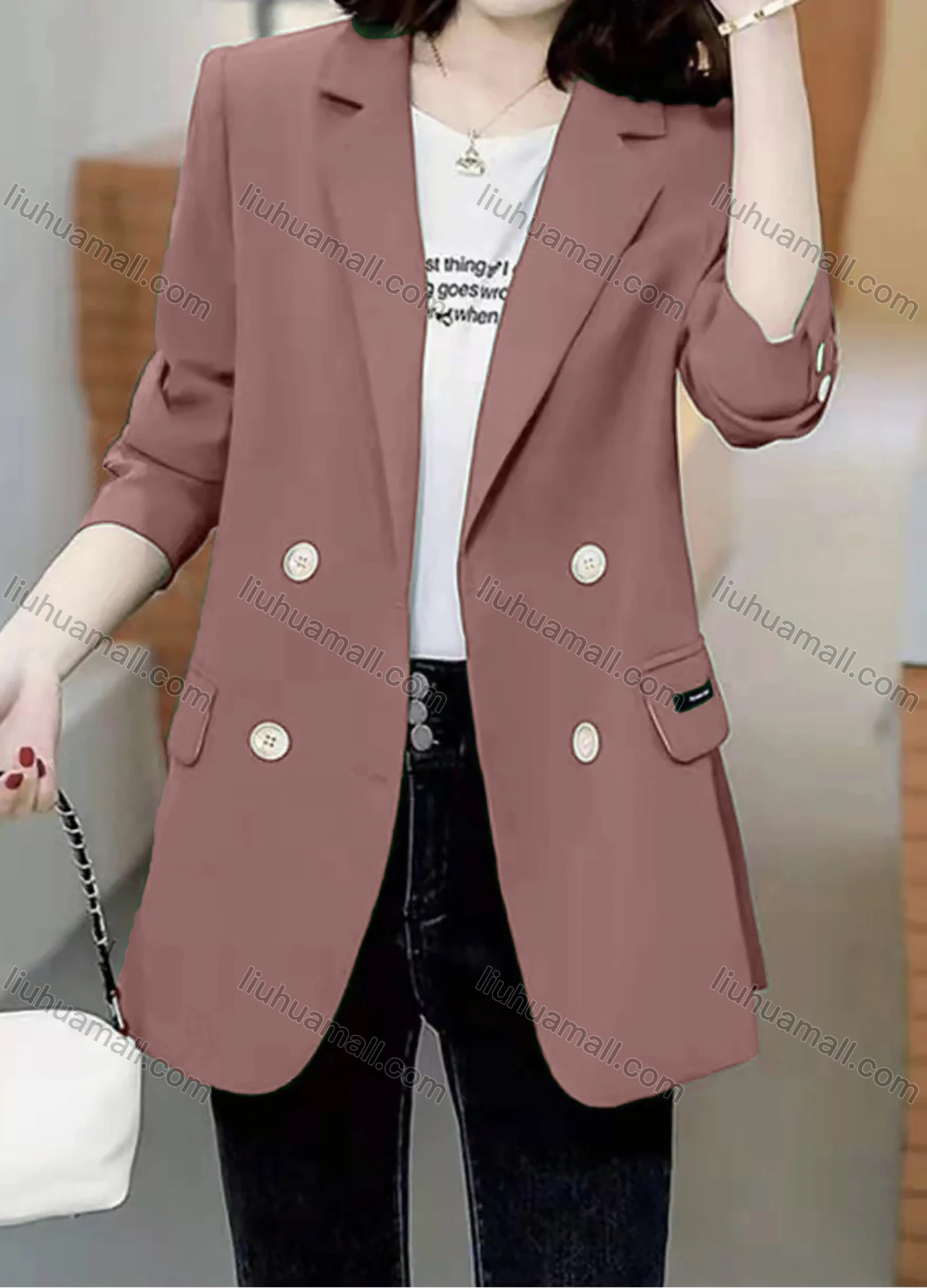 Wholesale Women's Casual Long Sleeve Lapel Double Breasted Plain Blazer - Liuhuamall