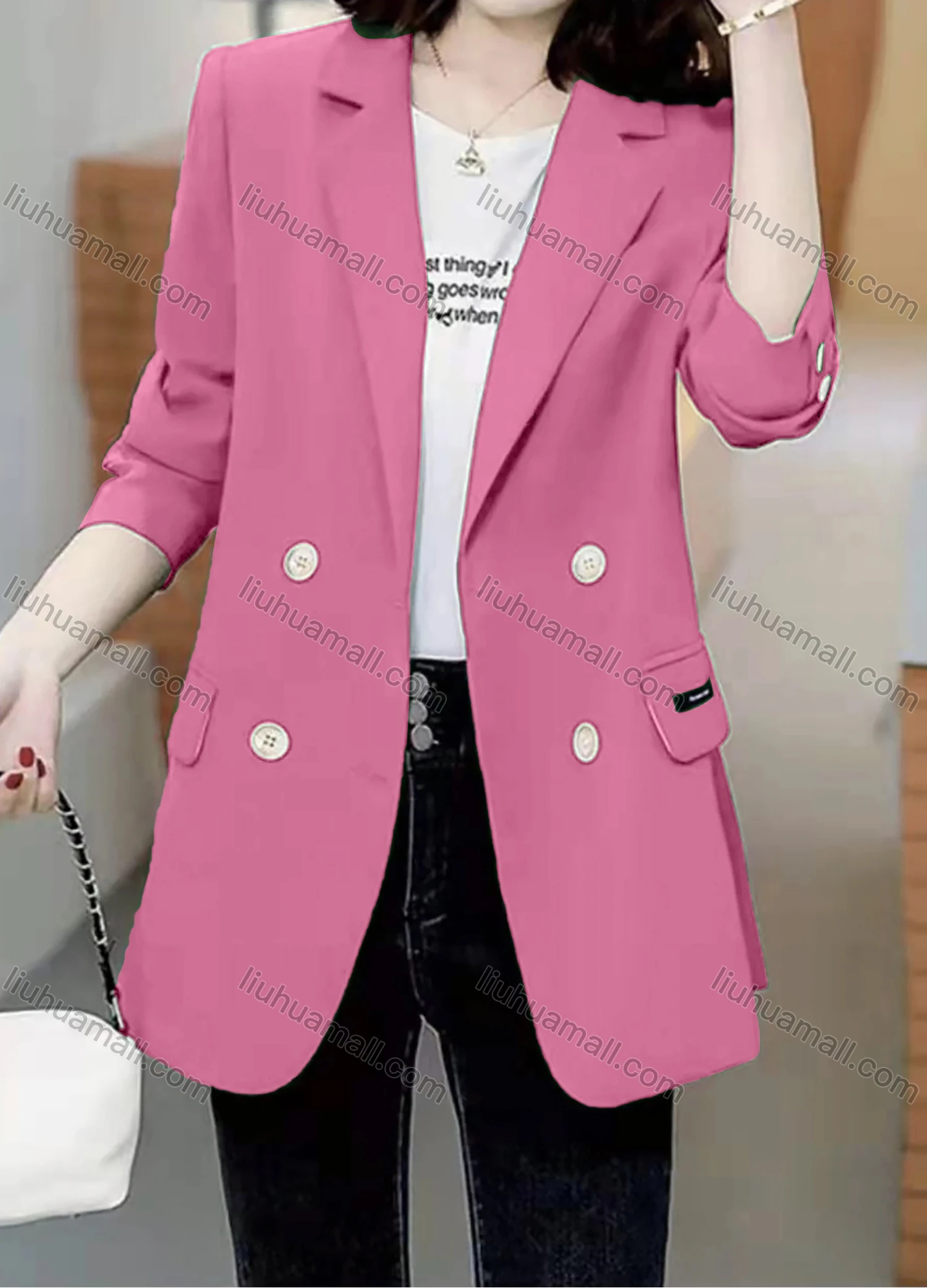 Wholesale Women's Casual Long Sleeve Lapel Double Breasted Plain Blazer - Liuhuamall