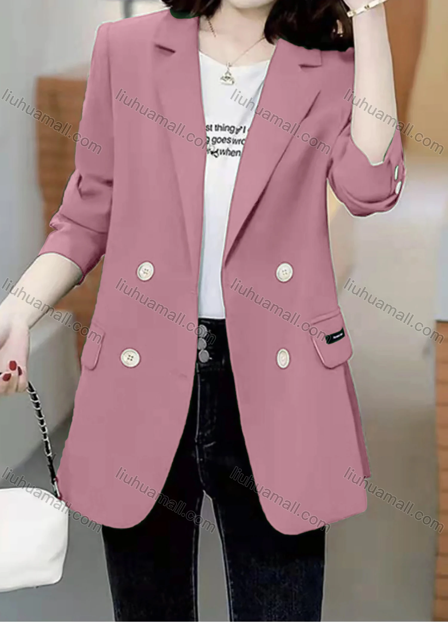 Wholesale Women's Casual Long Sleeve Lapel Double Breasted Plain Blazer - Liuhuamall