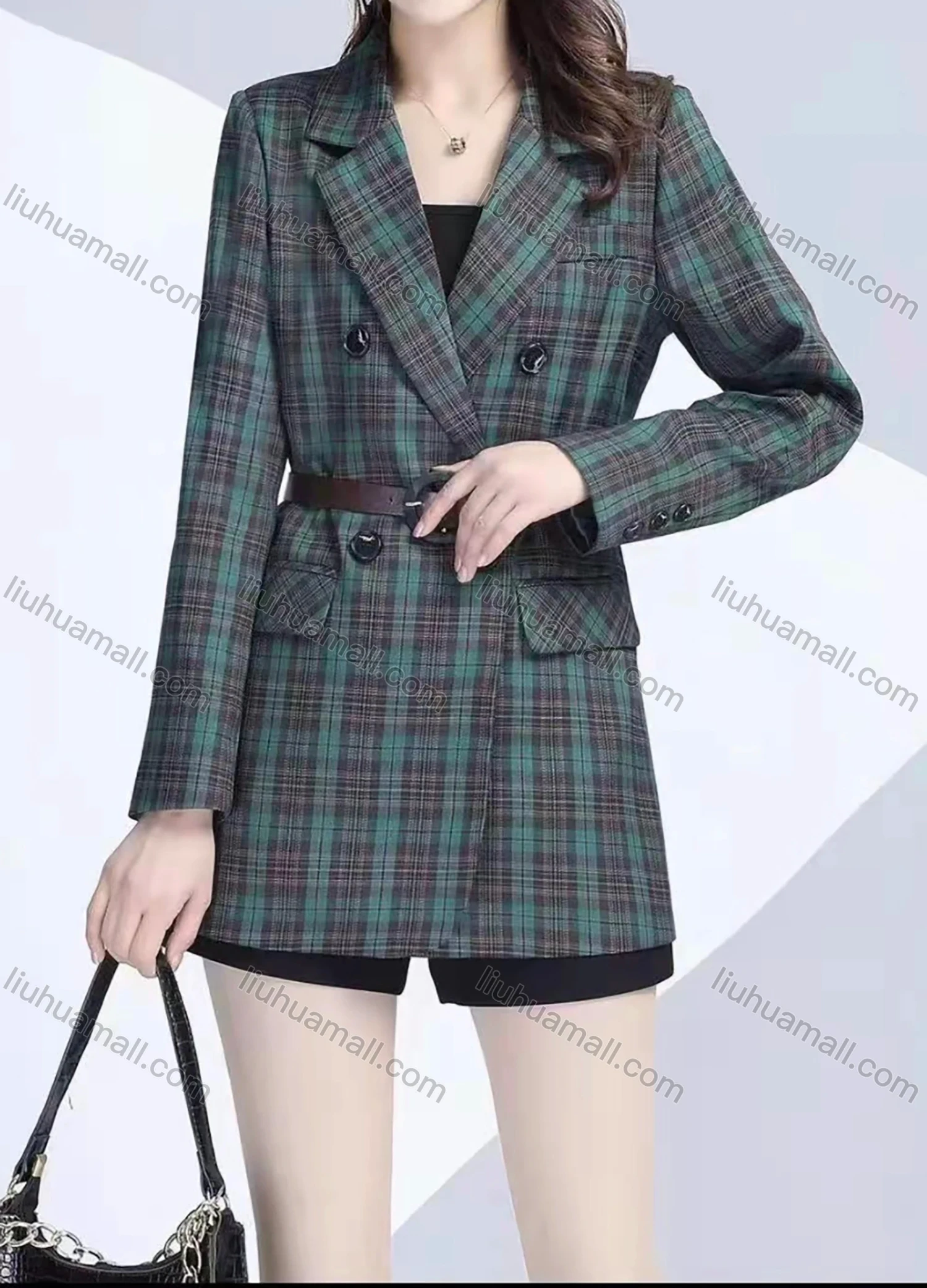 Wholesale Women's Casual Long Sleeve Lapel Double Breasted Plaid Print Blazer With Belt - Liuhuamall