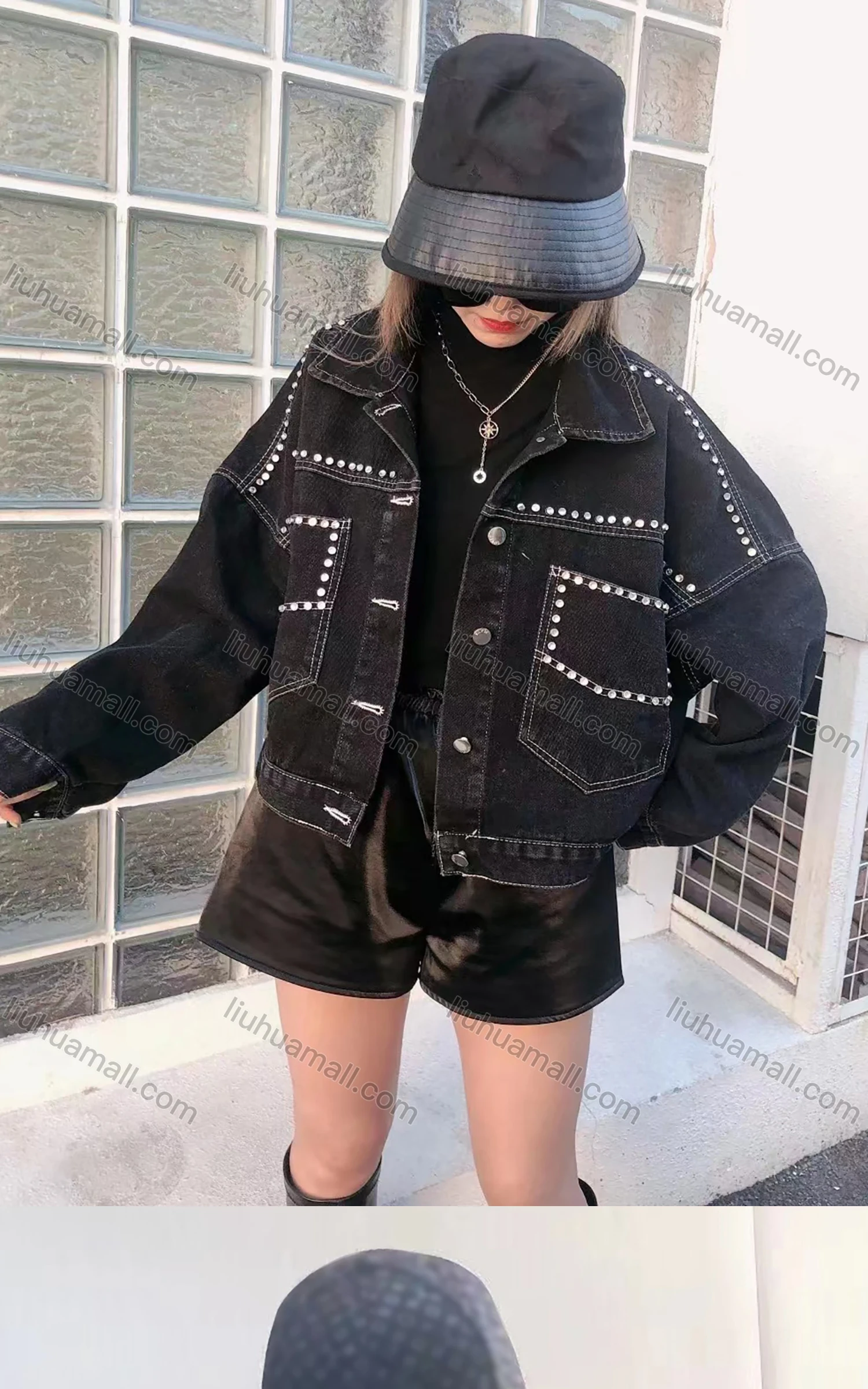 Wholesale Women's Fashion Long Sleeve Button Closure Patch Pocket Rhinestone Crop Denim Jacket - Liuhuamall