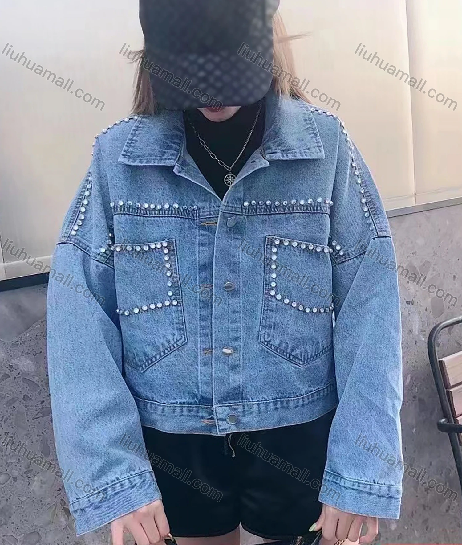 Wholesale Women's Fashion Long Sleeve Button Closure Patch Pocket Rhinestone Crop Denim Jacket - Liuhuamall