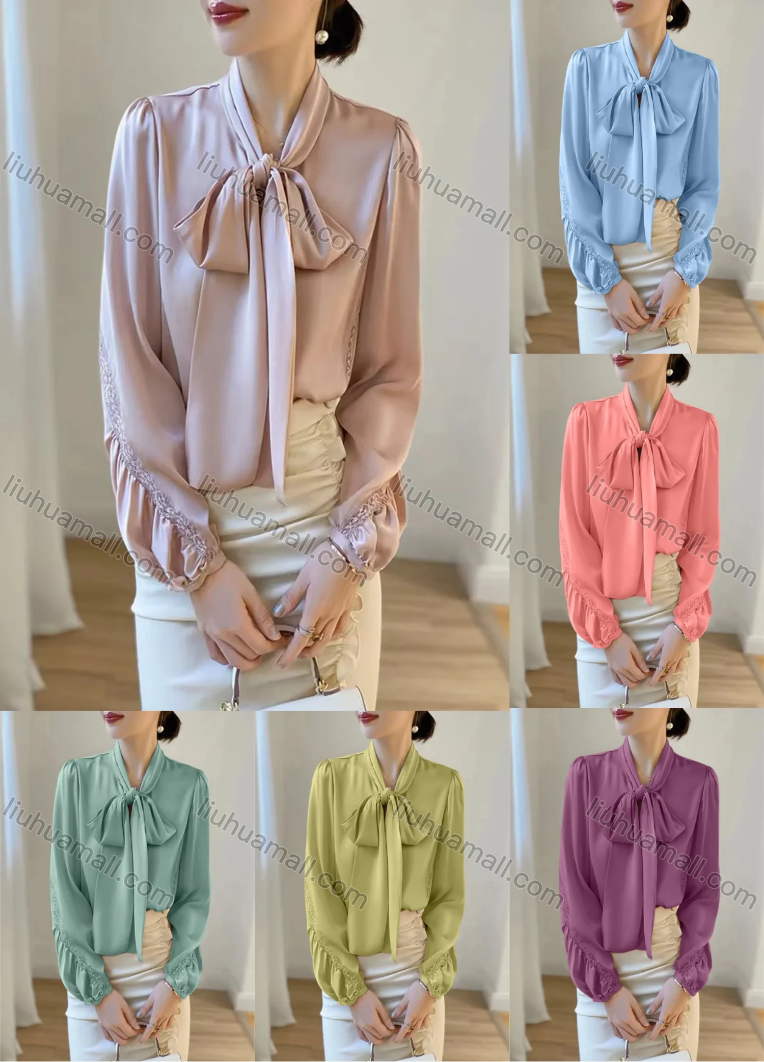 Wholesale Women's Elegant Satin Tie Neck Ruched Guipure Lace Plain French Blouse - Liuhuamall