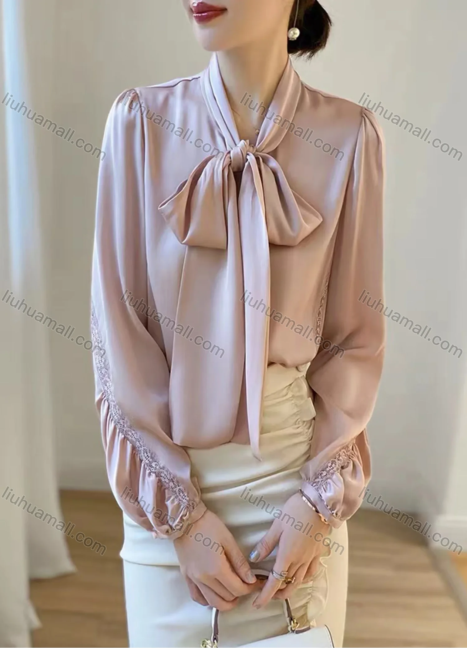 Wholesale Women's Elegant Satin Tie Neck Ruched Guipure Lace Plain French Blouse - Liuhuamall