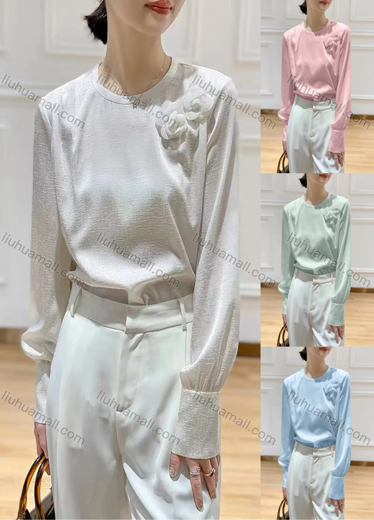 Wholesale Women's Elegant Chiffon Crew Neck Long Sleeve 3D Floral Decor Plain Blouse - Liuhuamall