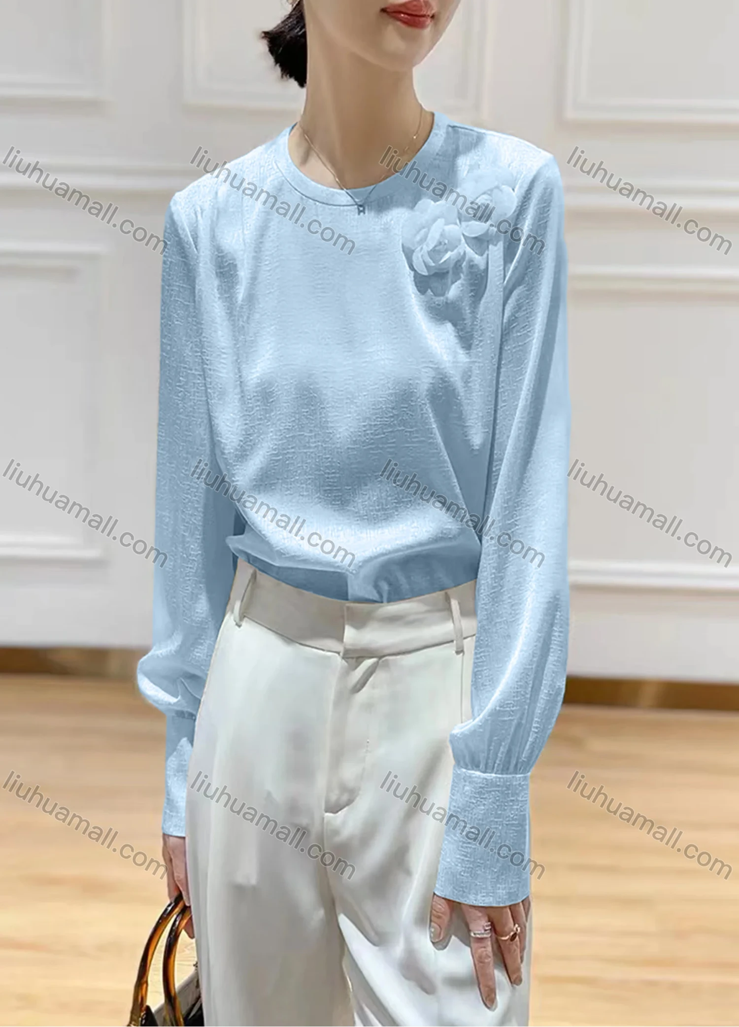 Wholesale Women's Elegant Chiffon Crew Neck Long Sleeve 3D Floral Decor Plain Blouse - Liuhuamall