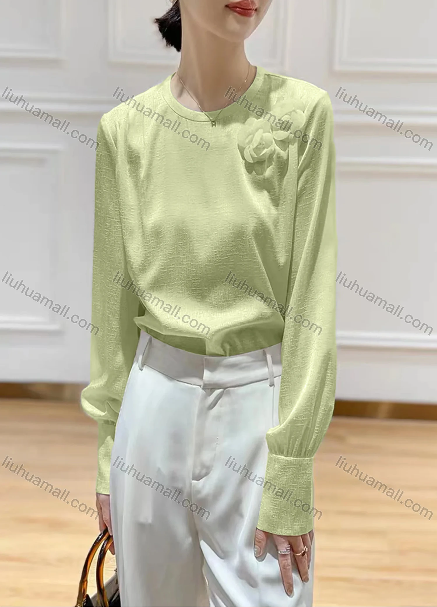 Wholesale Women's Elegant Chiffon Crew Neck Long Sleeve 3D Floral Decor Plain Blouse - Liuhuamall