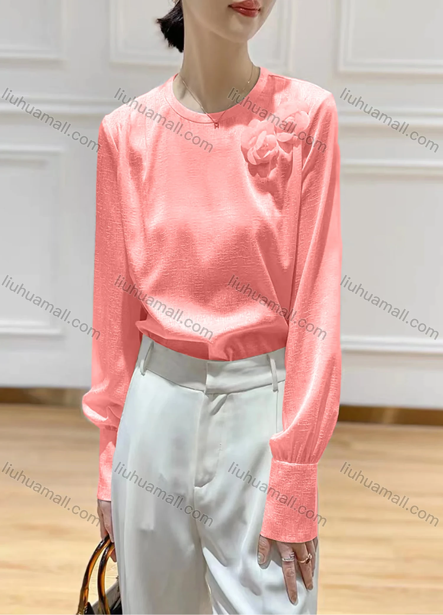 Wholesale Women's Elegant Chiffon Crew Neck Long Sleeve 3D Floral Decor Plain Blouse - Liuhuamall