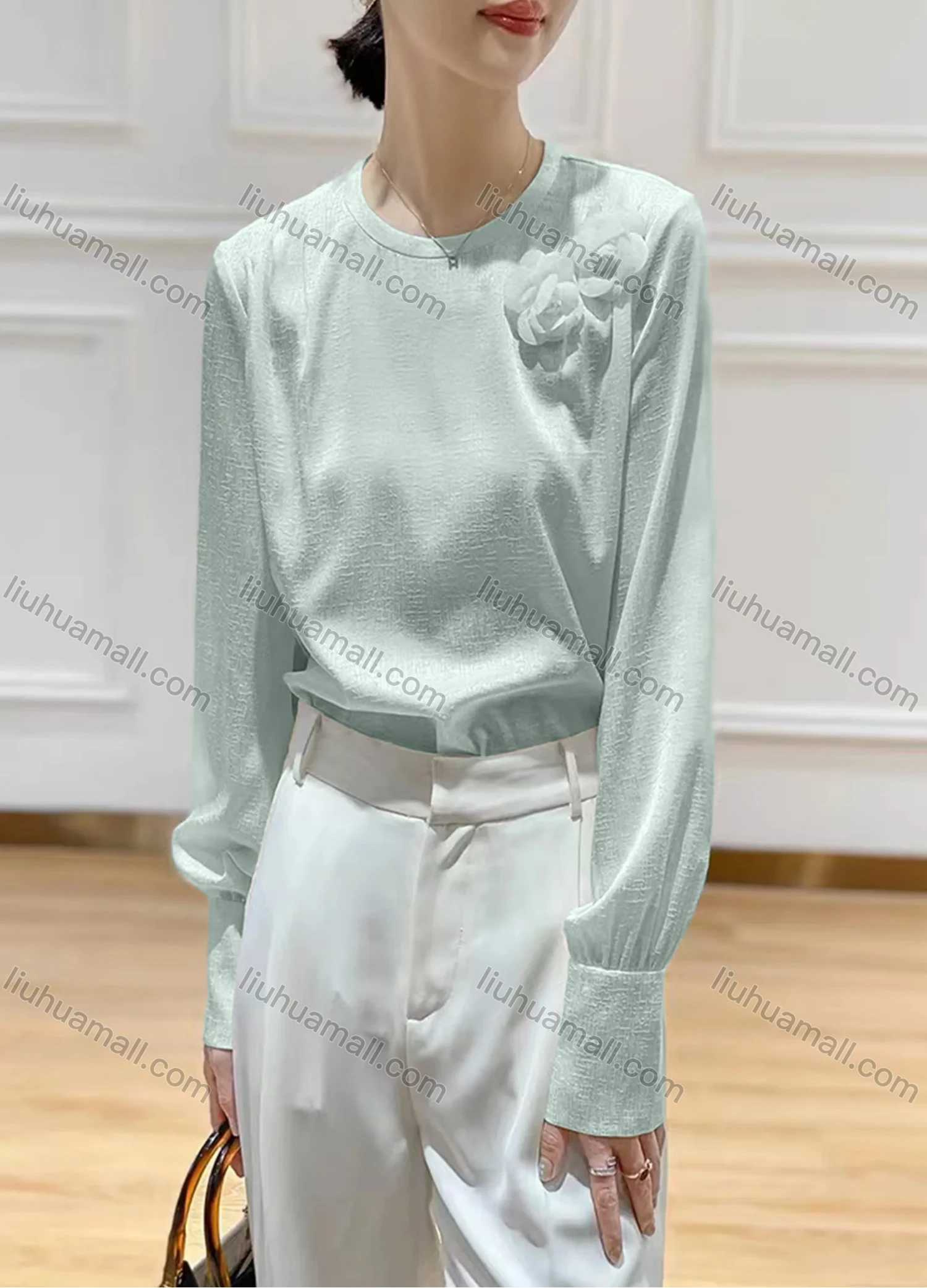 Wholesale Women's Elegant Chiffon Crew Neck Long Sleeve 3D Floral Decor Plain Blouse - Liuhuamall