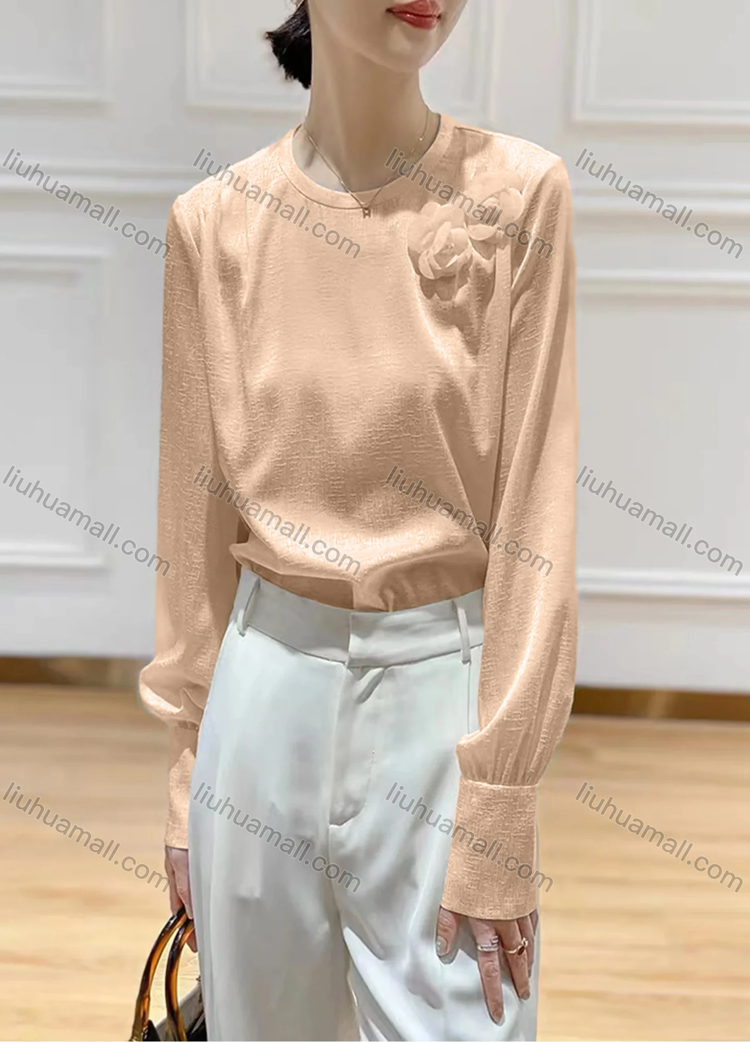 Wholesale Women's Elegant Chiffon Crew Neck Long Sleeve 3D Floral Decor Plain Blouse - Liuhuamall
