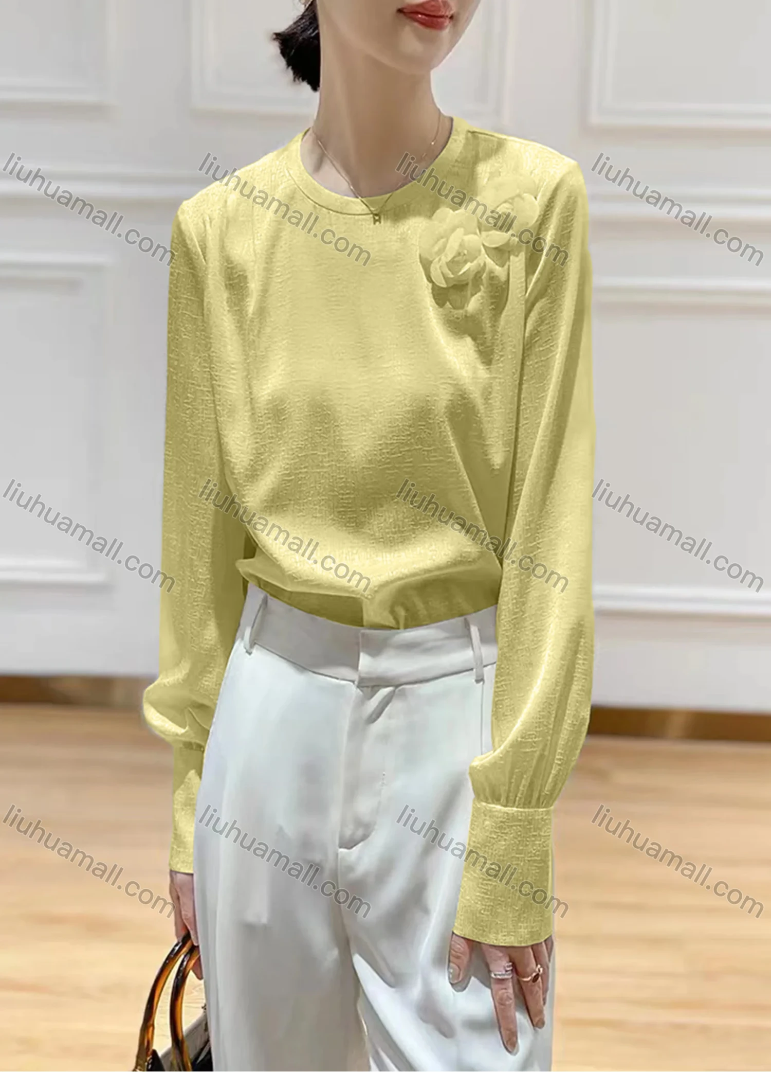 Wholesale Women's Elegant Chiffon Crew Neck Long Sleeve 3D Floral Decor Plain Blouse - Liuhuamall