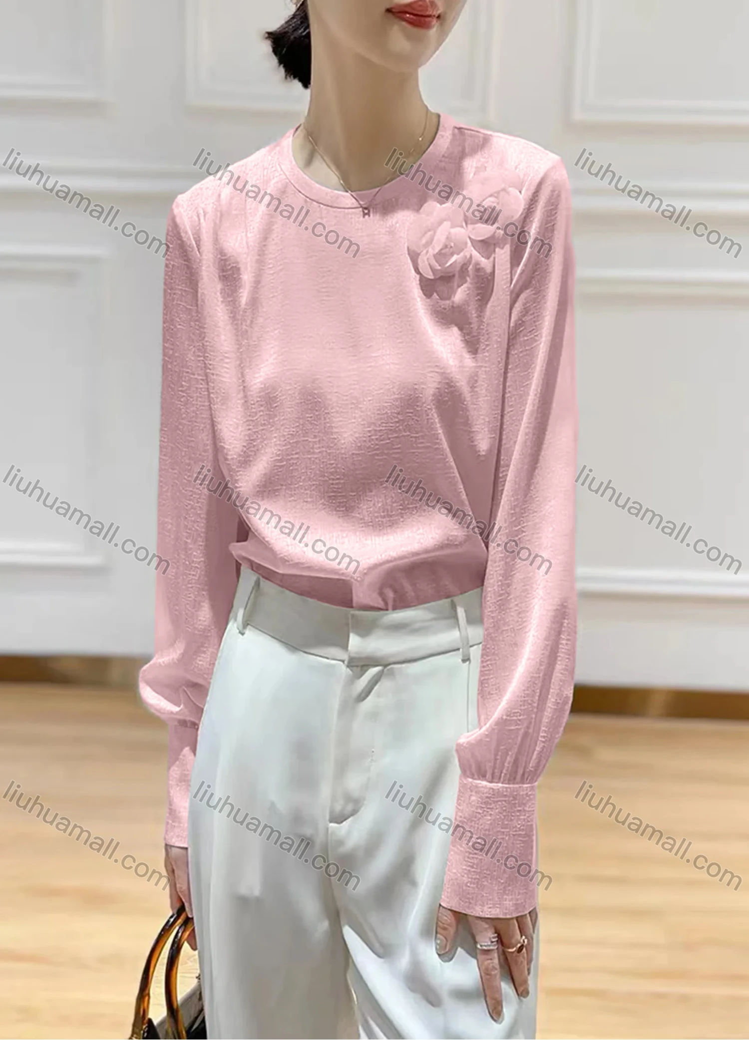 Wholesale Women's Elegant Chiffon Crew Neck Long Sleeve 3D Floral Decor Plain Blouse - Liuhuamall