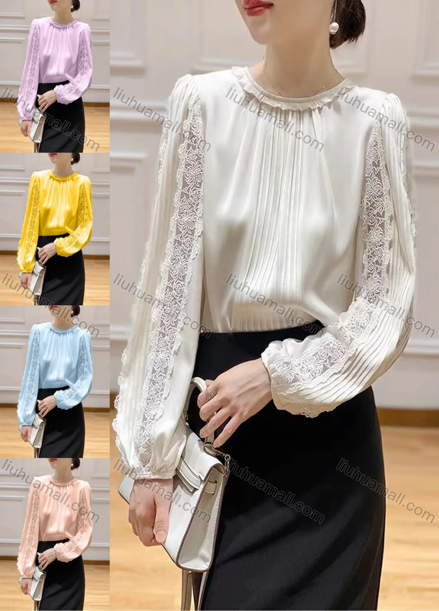 Wholesale Women's Elegant Satin Ruffle Neck Ruched Sheer Lace Plain Blouse - Liuhuamall
