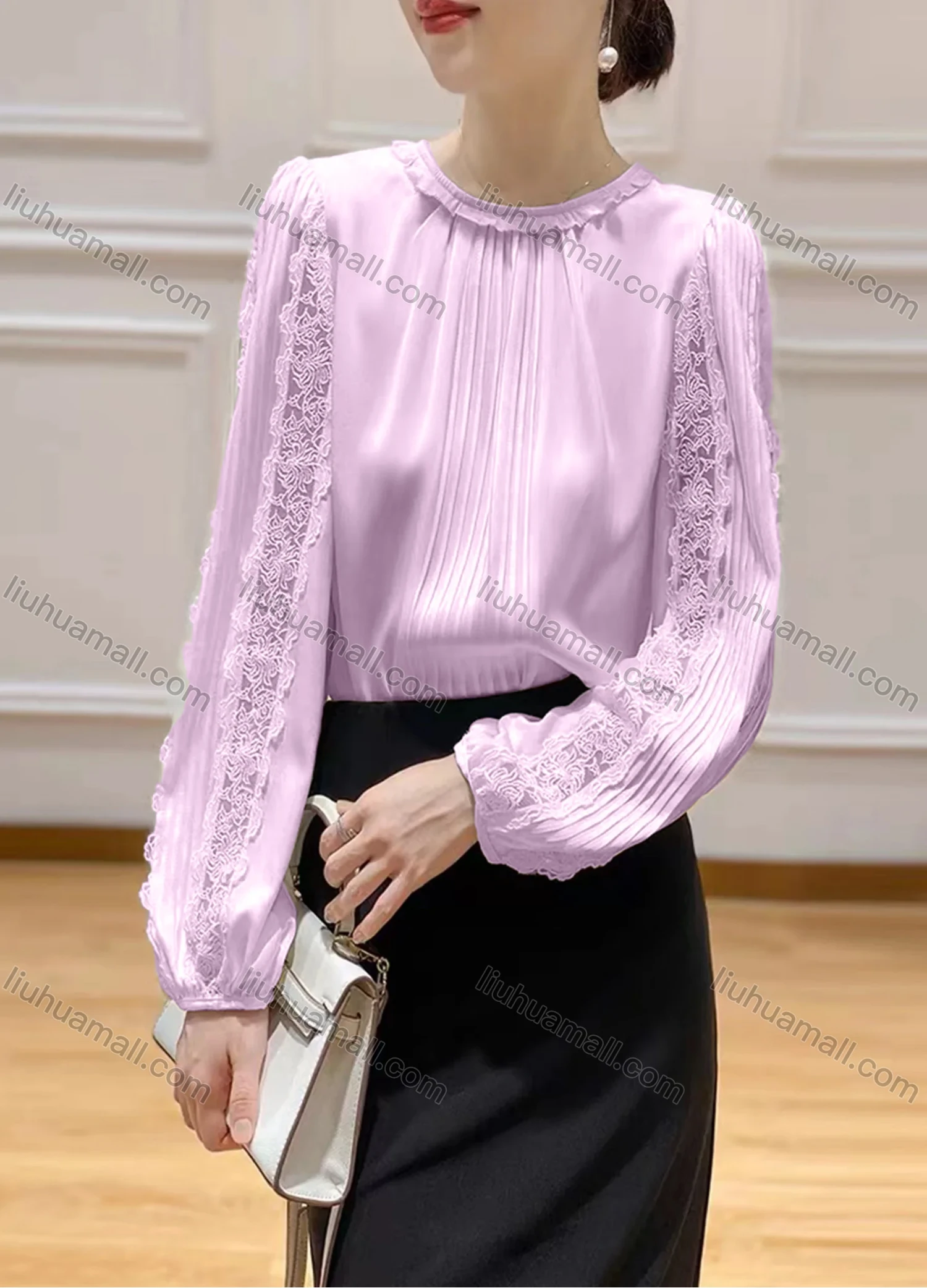 Wholesale Women's Elegant Satin Ruffle Neck Ruched Sheer Lace Plain Blouse - Liuhuamall