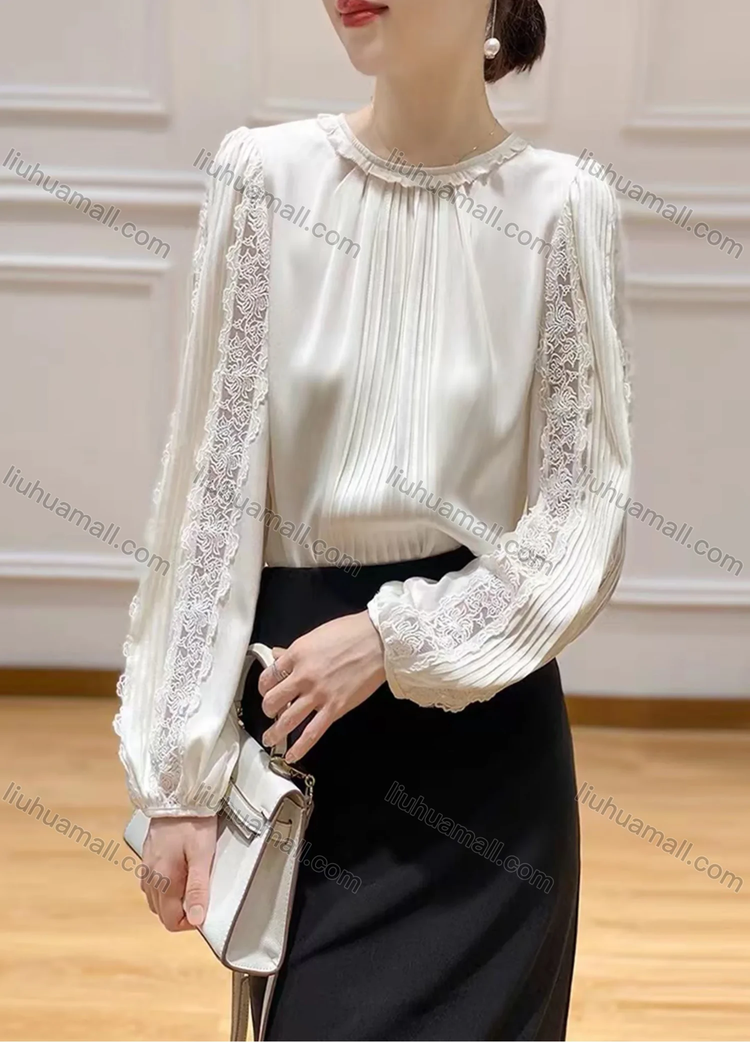 Wholesale Women's Elegant Satin Ruffle Neck Ruched Sheer Lace Plain Blouse - Liuhuamall