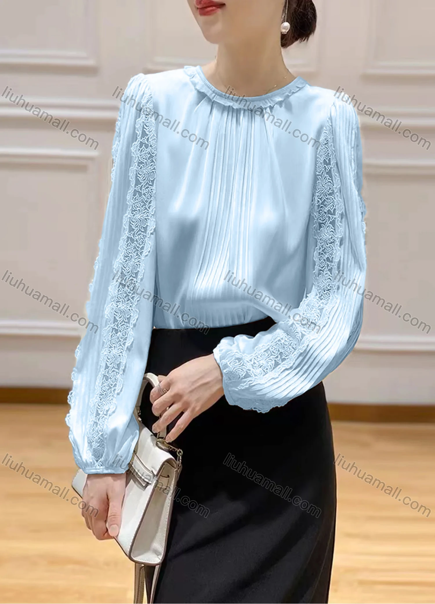 Wholesale Women's Elegant Satin Ruffle Neck Ruched Sheer Lace Plain Blouse - Liuhuamall