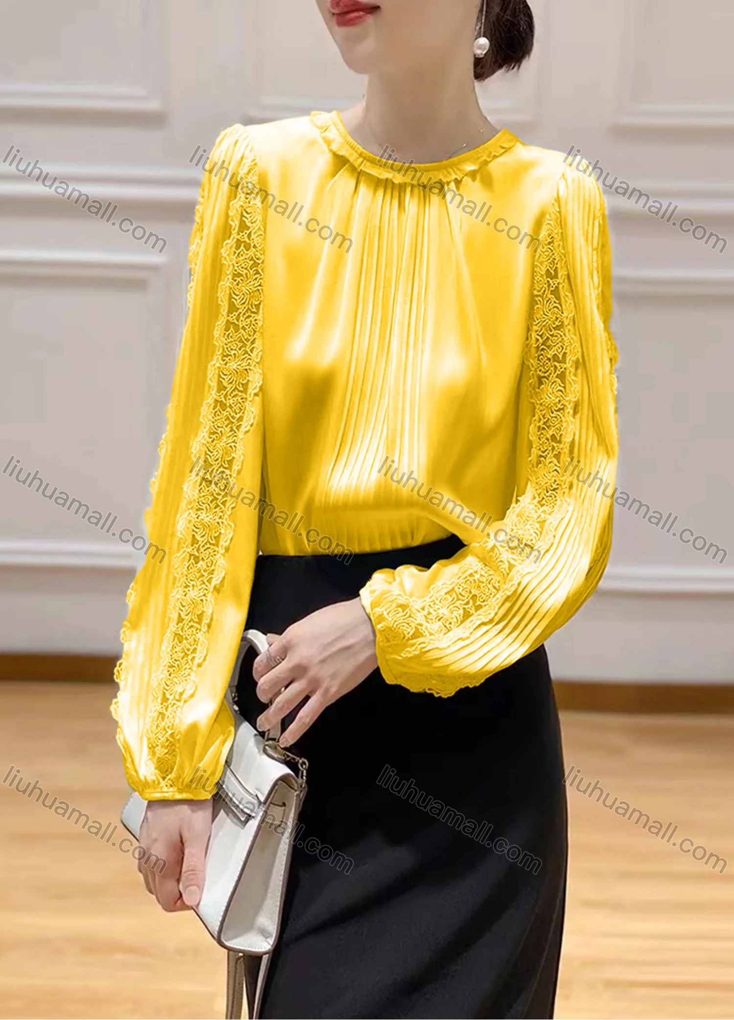 Wholesale Women's Elegant Satin Ruffle Neck Ruched Sheer Lace Plain Blouse - Liuhuamall